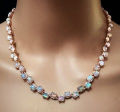 New 26.66 Carat Fire Opal & Diamond Cut Sapphire Rose Gold PL Sterling Necklace
