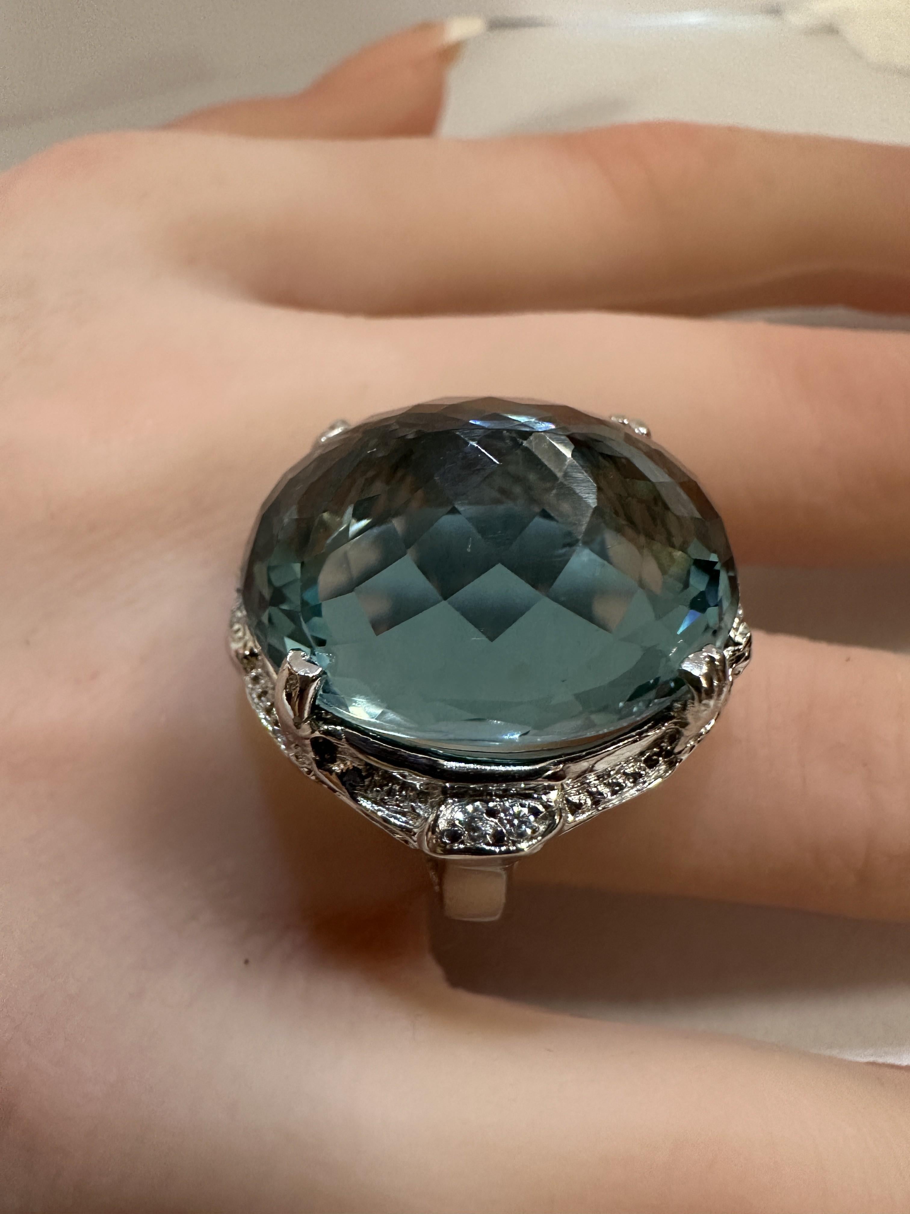 New 27.75 Carat Checkerboard Dome Aquamarine & Diamond Cut Sapphire Ring For Sale 4