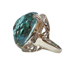 New 27.75 Carat Checkerboard Dome Aquamarine & Diamond Cut Sapphire Ring
