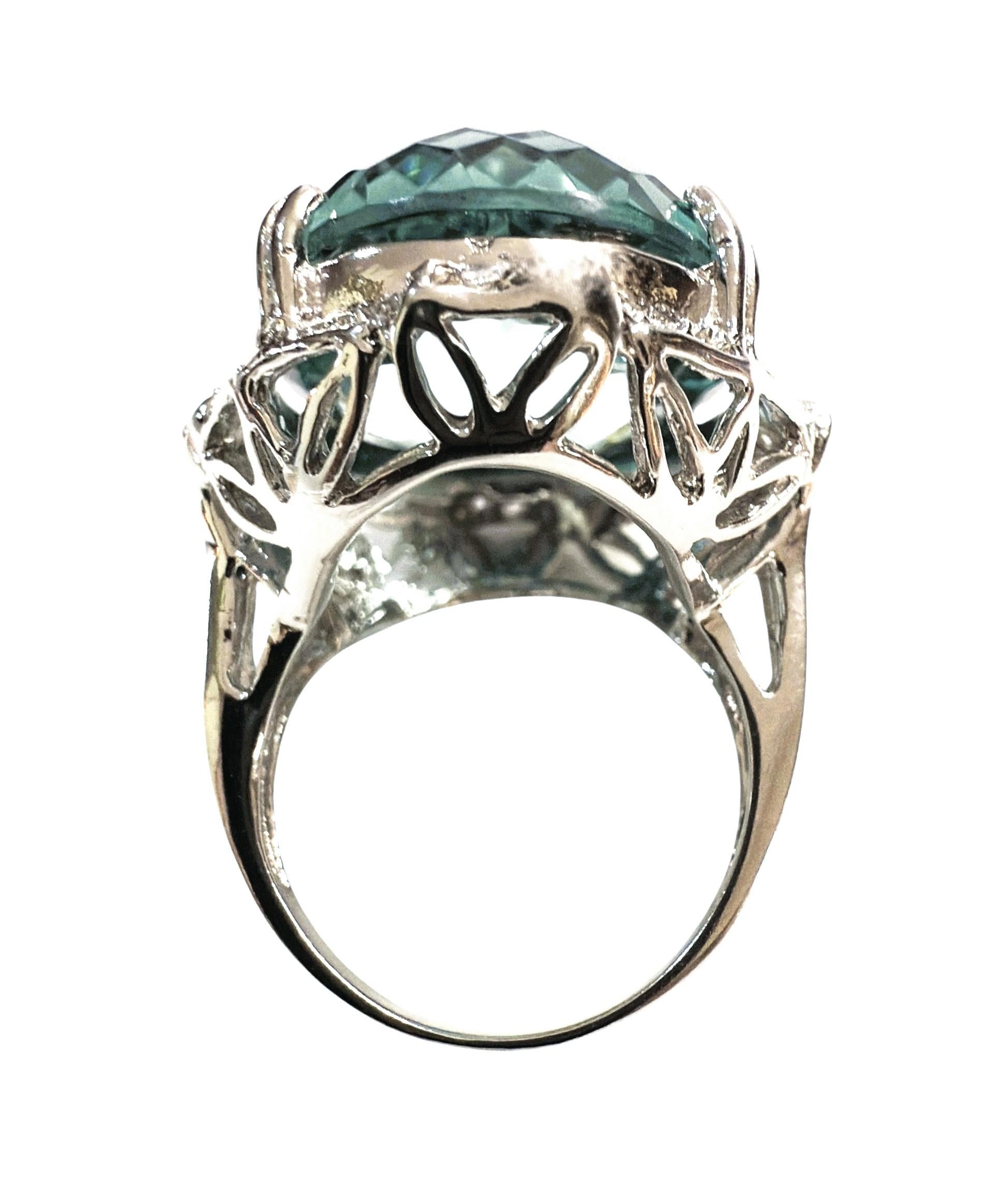 Art Deco New 27.75 Carat Checkerboard Dome Aquamarine & Diamond Cut Sapphire Ring For Sale