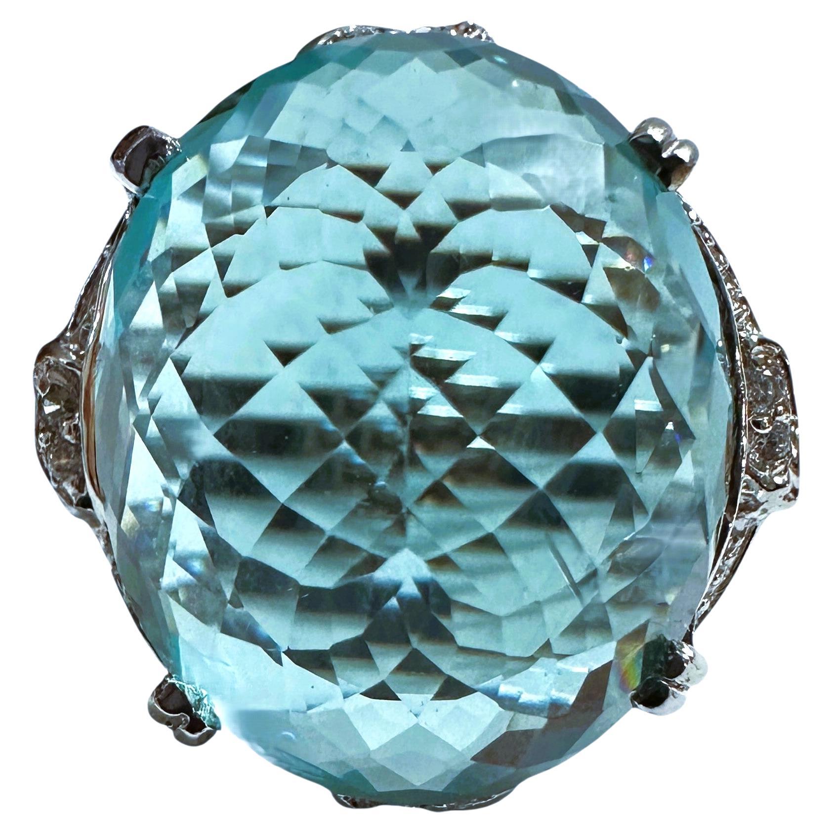 New 27.75 Carat Checkerboard Dome Aquamarine & Diamond Cut Sapphire Ring For Sale