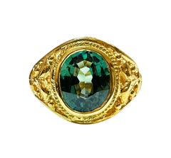 New 2.8 Carat Deep Green Sapphire Yellow Gold PL Filigree Sterling Ring