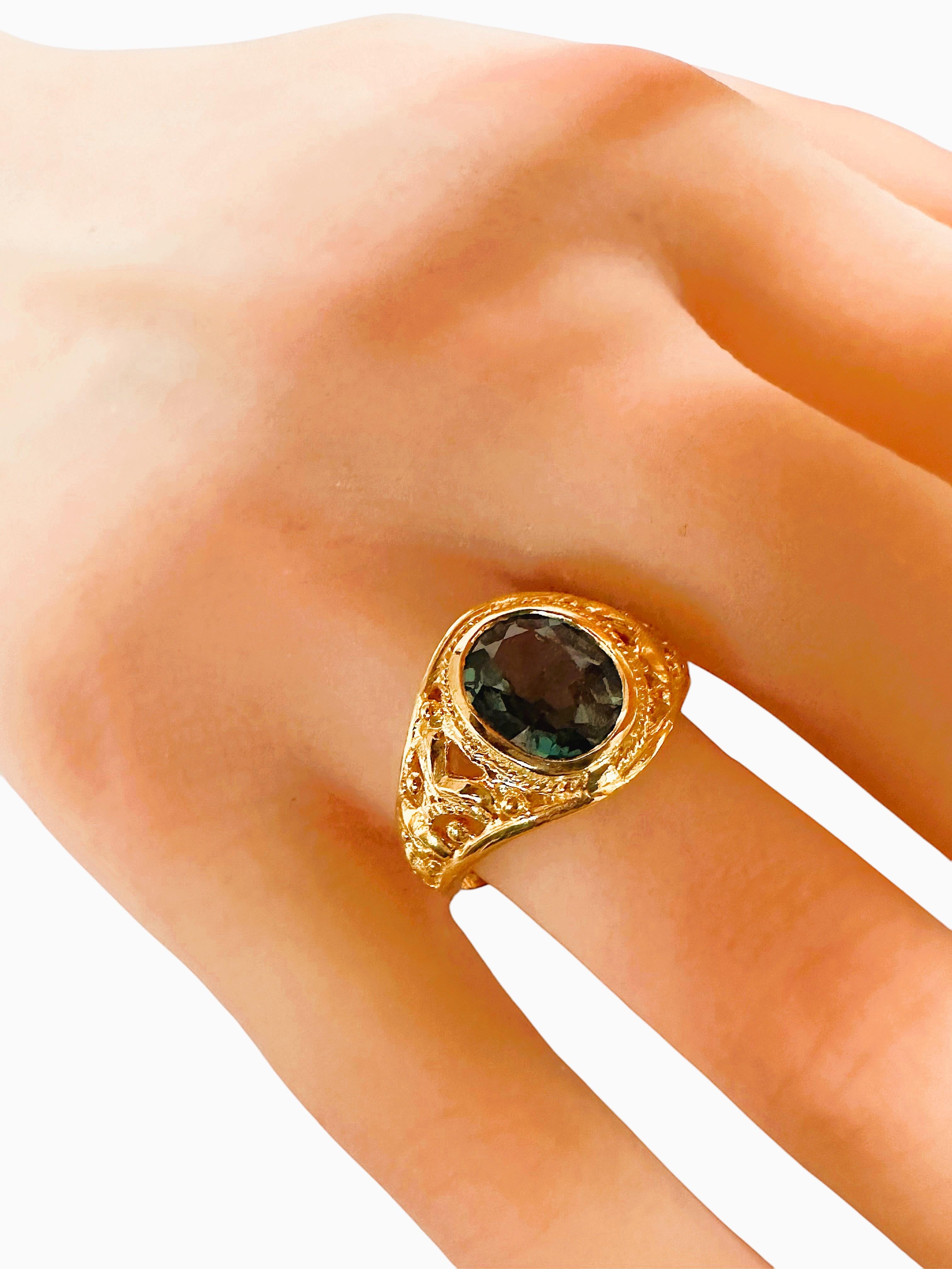 New  2.8 Carat Lagoon Green Tourmaline Yellow Gold Pl Filigree Sterling Ring For Sale 4