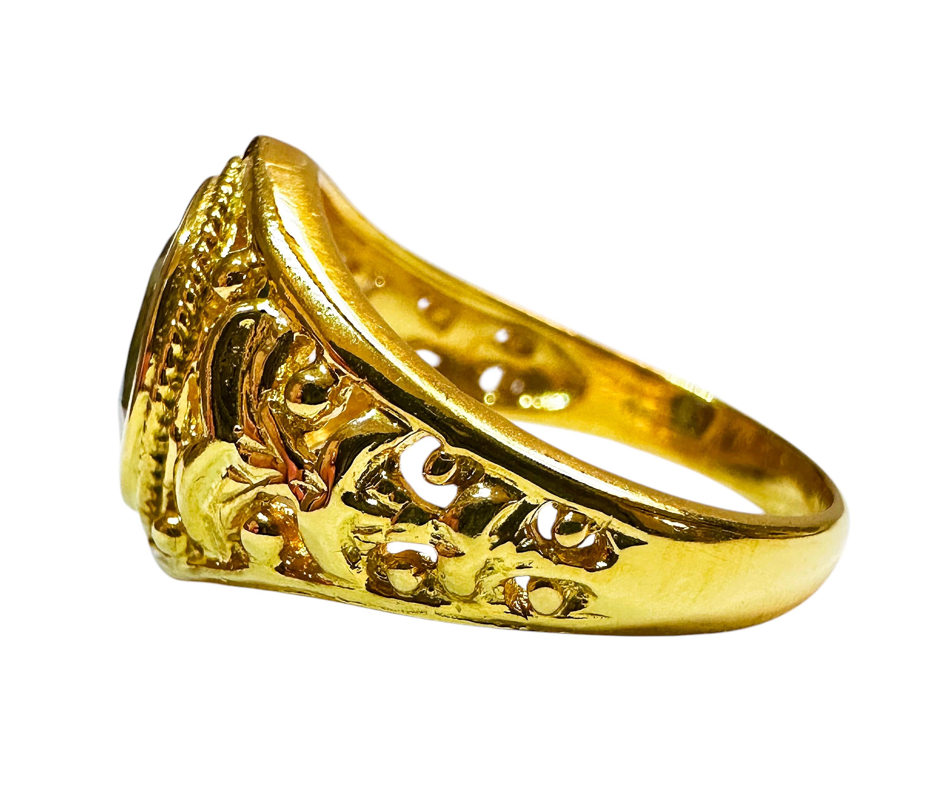 Art Deco New  2.8 Carat Lagoon Green Tourmaline Yellow Gold Pl Filigree Sterling Ring For Sale