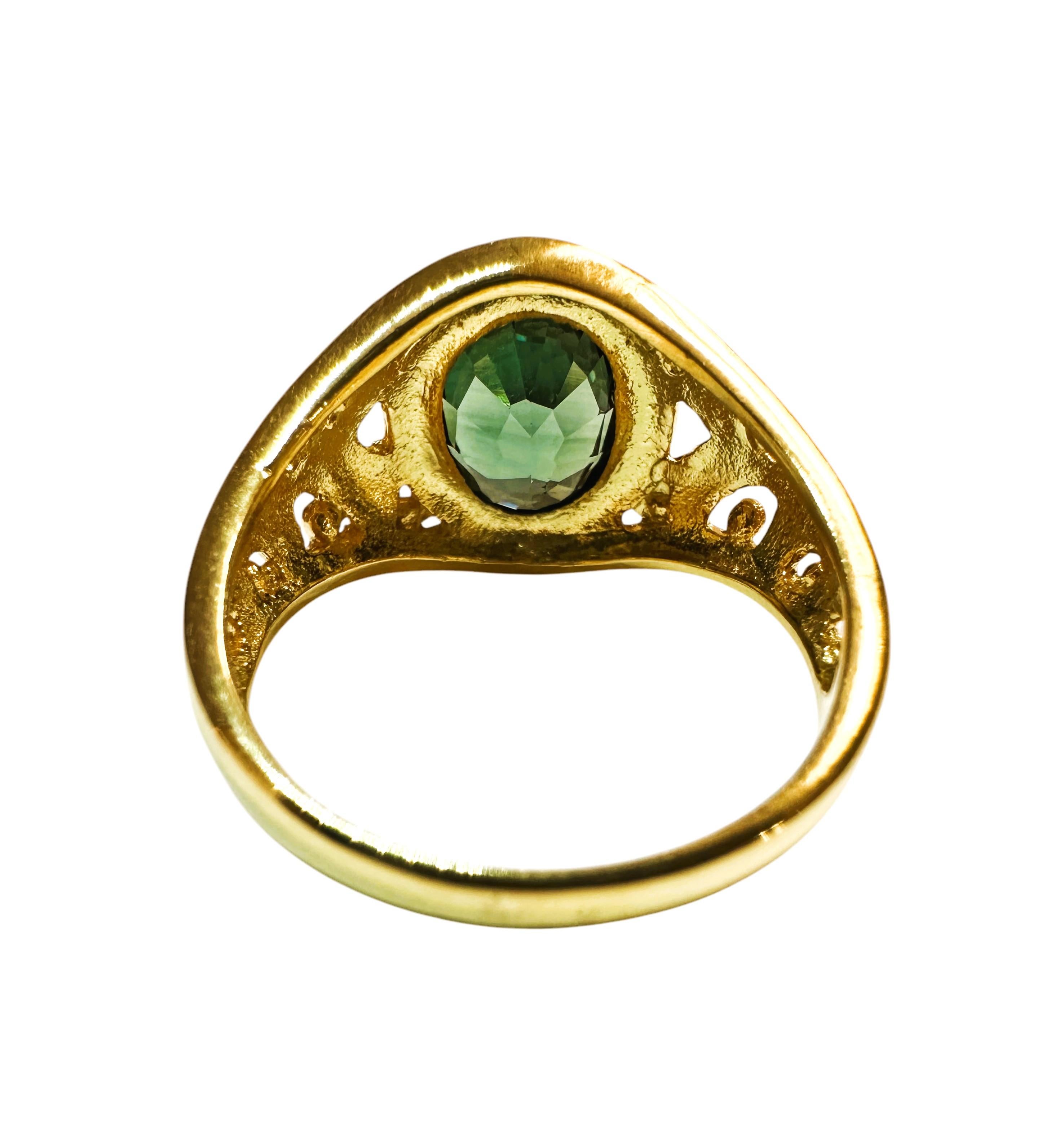 Round Cut New  2.8 Carat Lagoon Green Tourmaline Yellow Gold Pl Filigree Sterling Ring For Sale