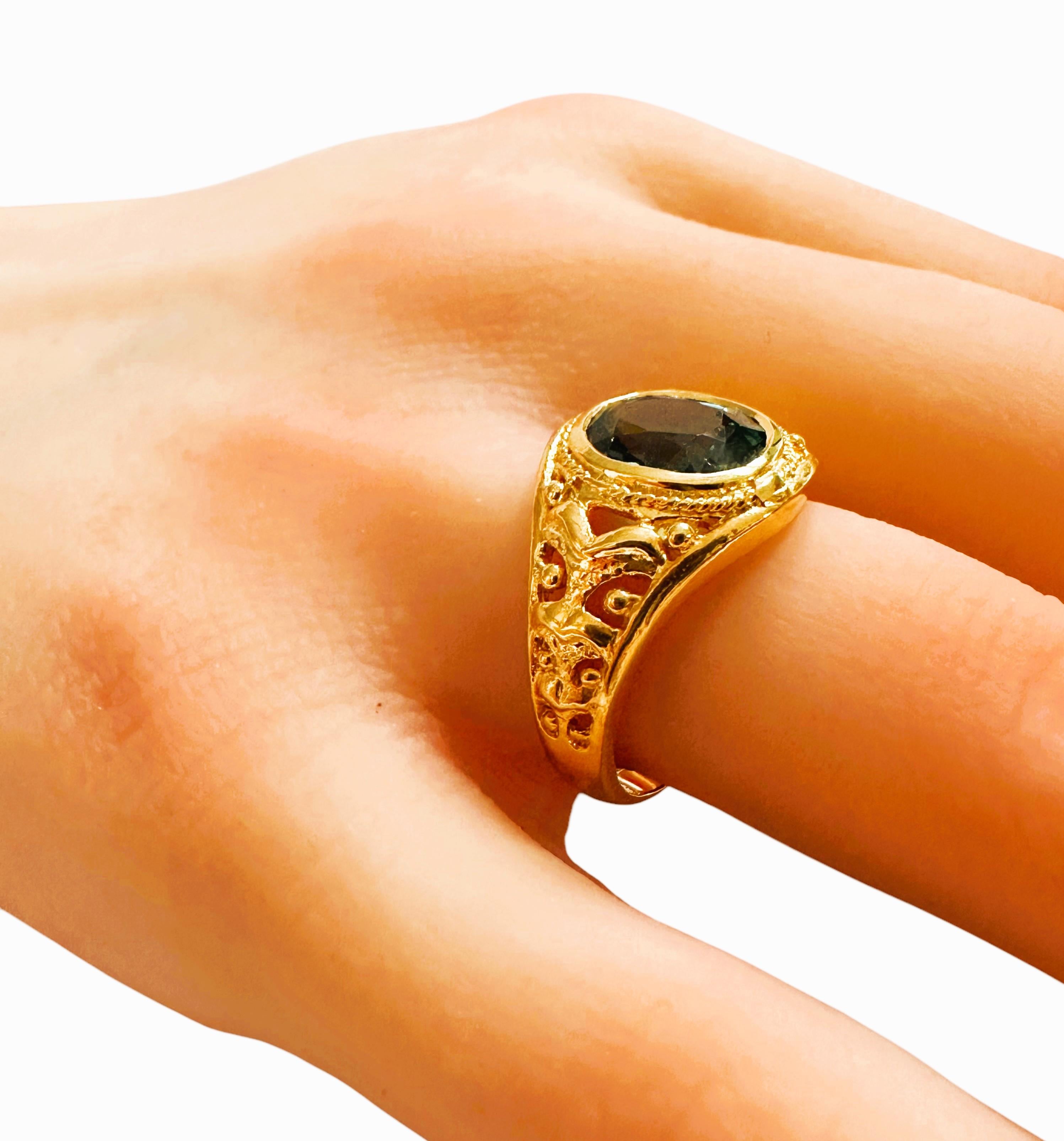 Women's New  2.8 Carat Lagoon Green Tourmaline Yellow Gold Pl Filigree Sterling Ring For Sale