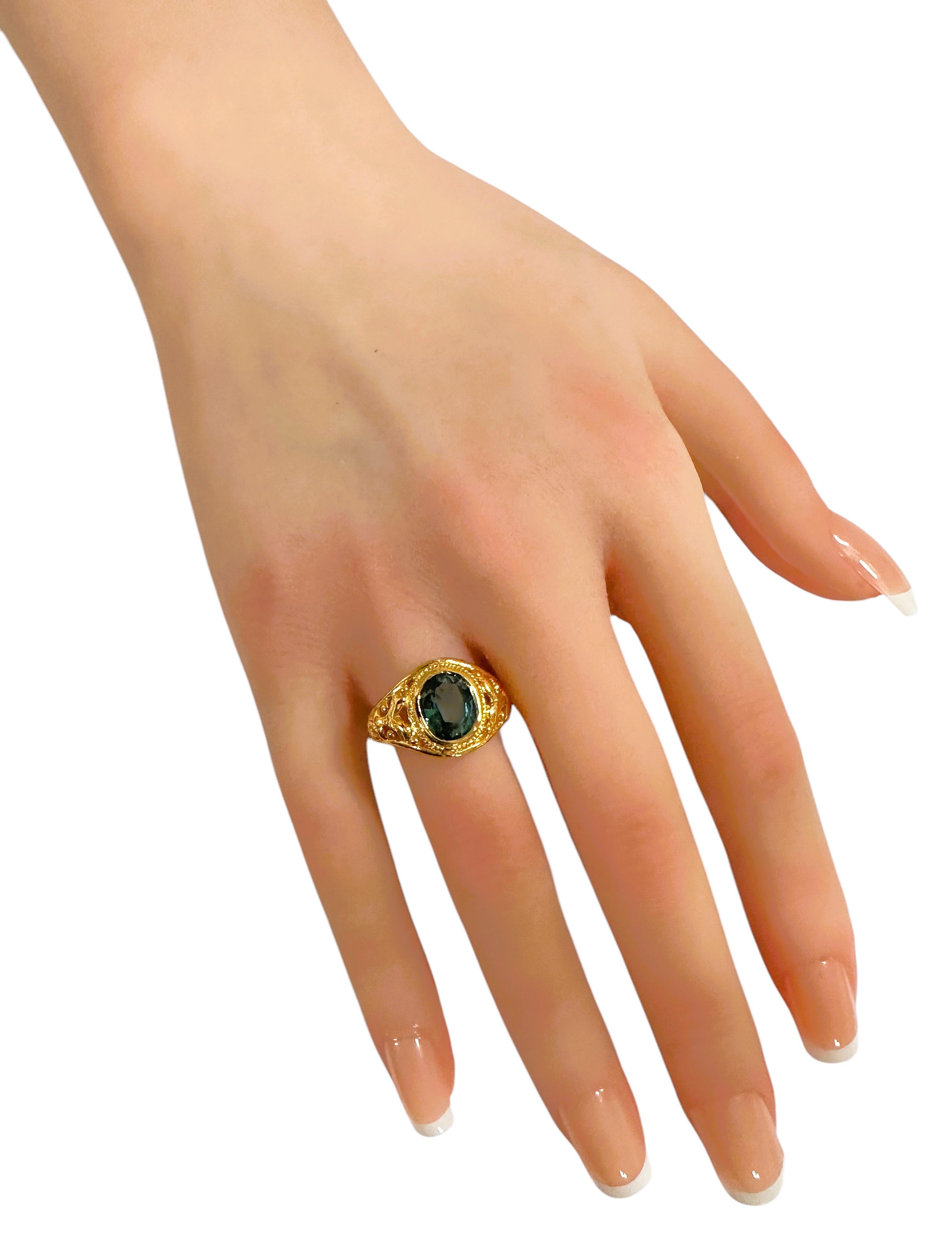 New  2.8 Carat Lagoon Green Tourmaline Yellow Gold Pl Filigree Sterling Ring For Sale 1