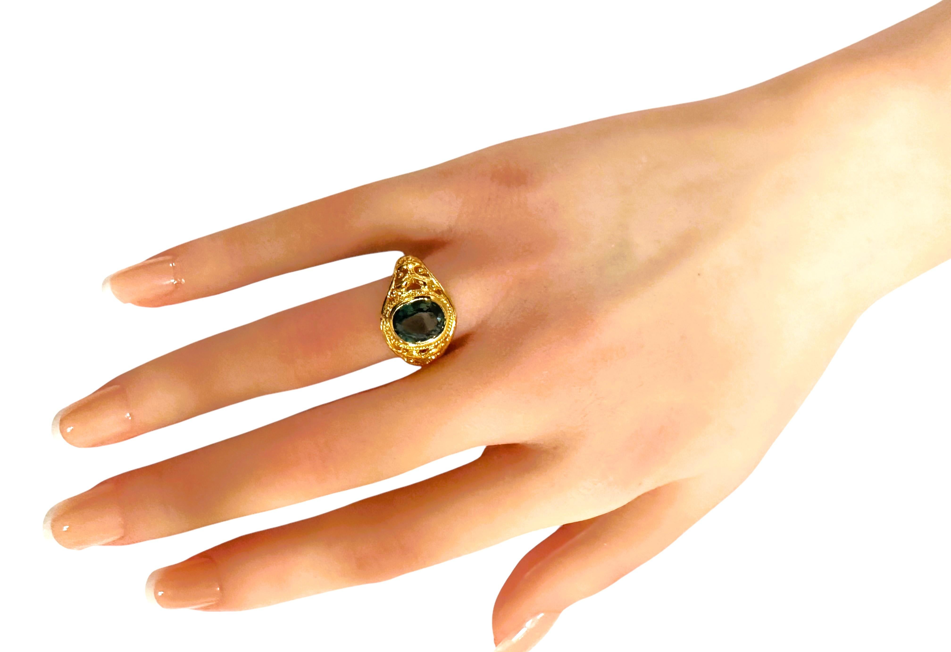 New  2.8 Carat Lagoon Green Tourmaline Yellow Gold Pl Filigree Sterling Ring For Sale 2