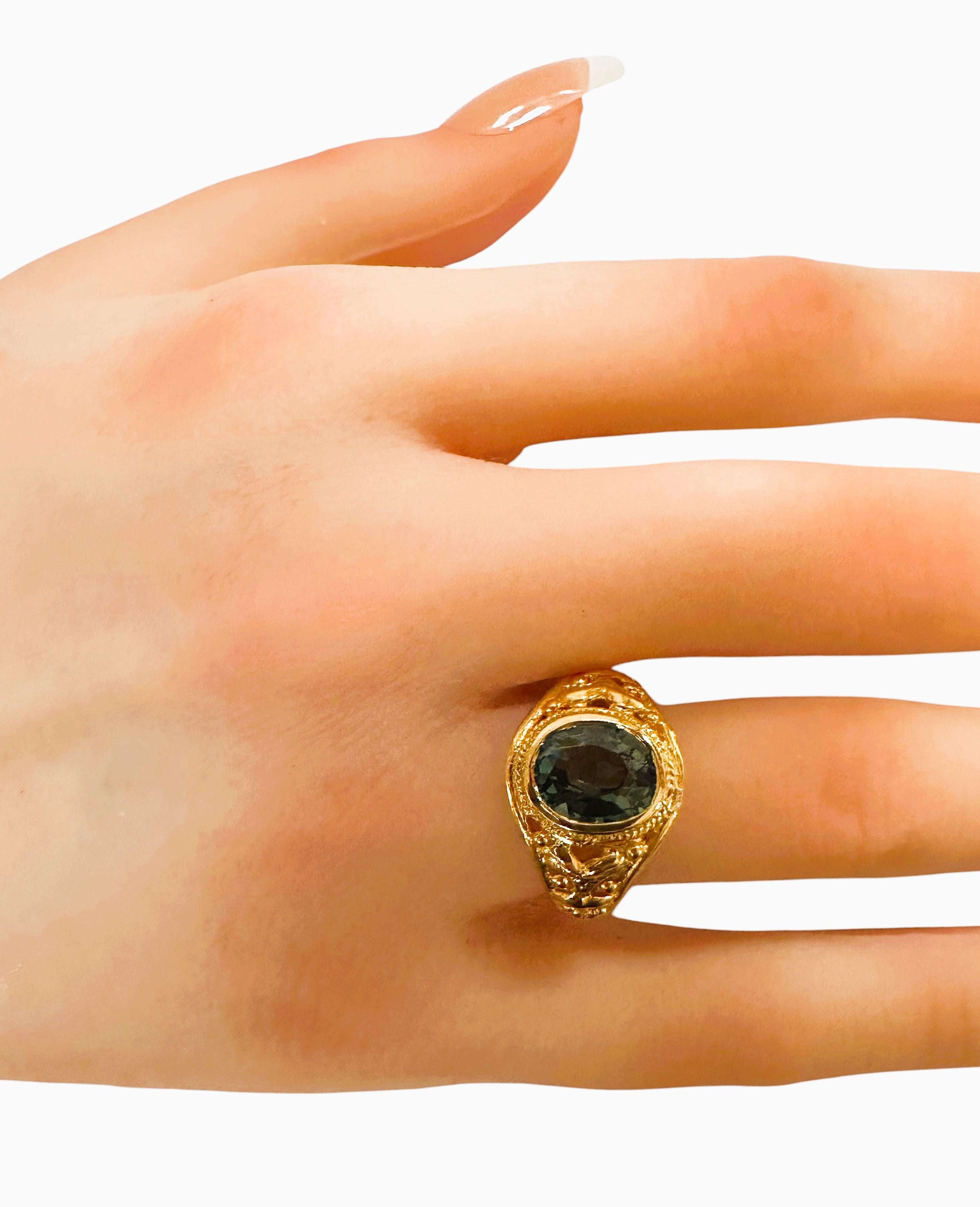 New  2.8 Carat Lagoon Green Tourmaline Yellow Gold Pl Filigree Sterling Ring For Sale 3