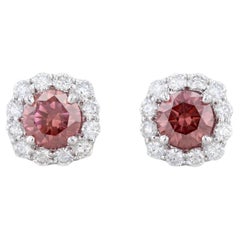New 2.80ctw Raspberry Pink White Diamond Halo Stud Earrings 14k White Gold