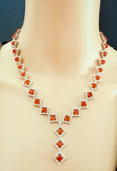 New 28.12 Carat Orange Opal & Sapphire 14k White Gold PL Sterling Necklace