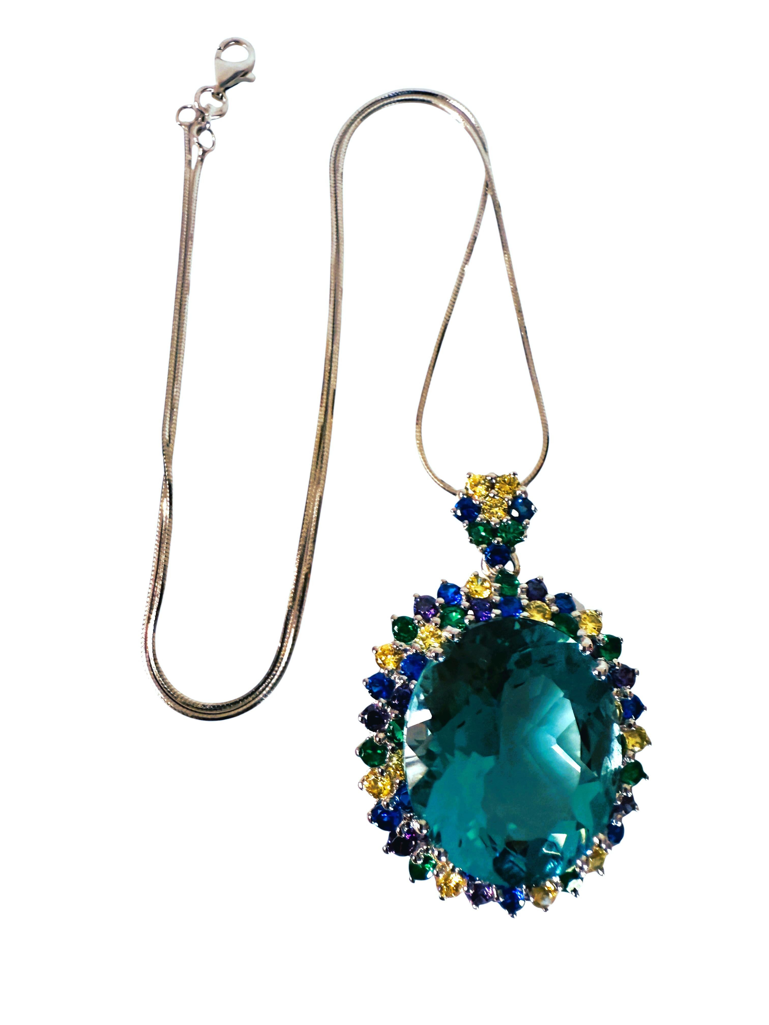  Collier pendentif en argent sterling, aigue-marine de 28.70 carats et saphir taille diamant Pour femmes 