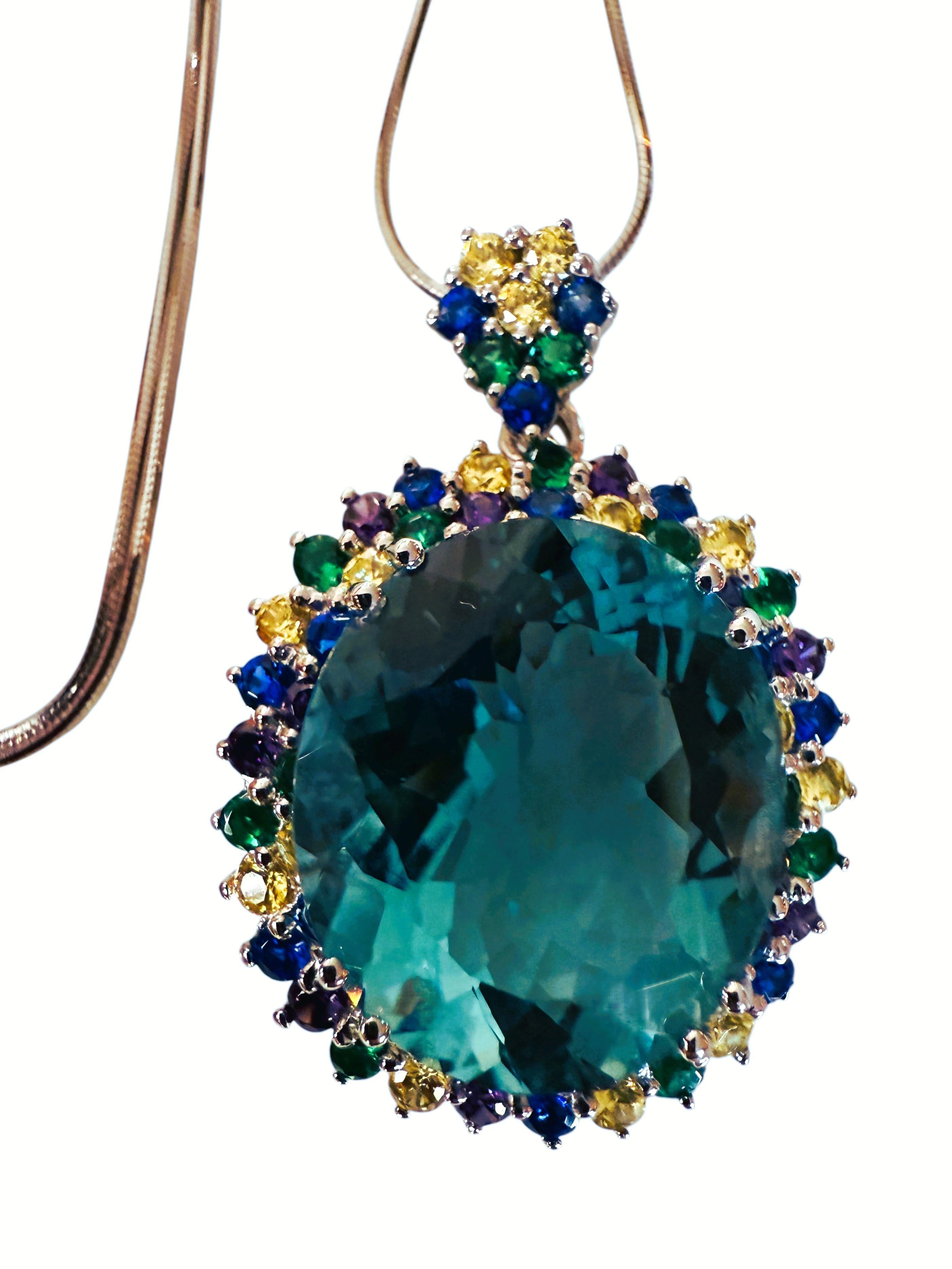 Collier pendentif en argent sterling, aigue-marine de 28.70 carats et saphir taille diamant 2