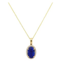 New 2.89 CT Blue Oval Opal and Diamond Halo Pendant Necklace in 14kt Yellow Gold