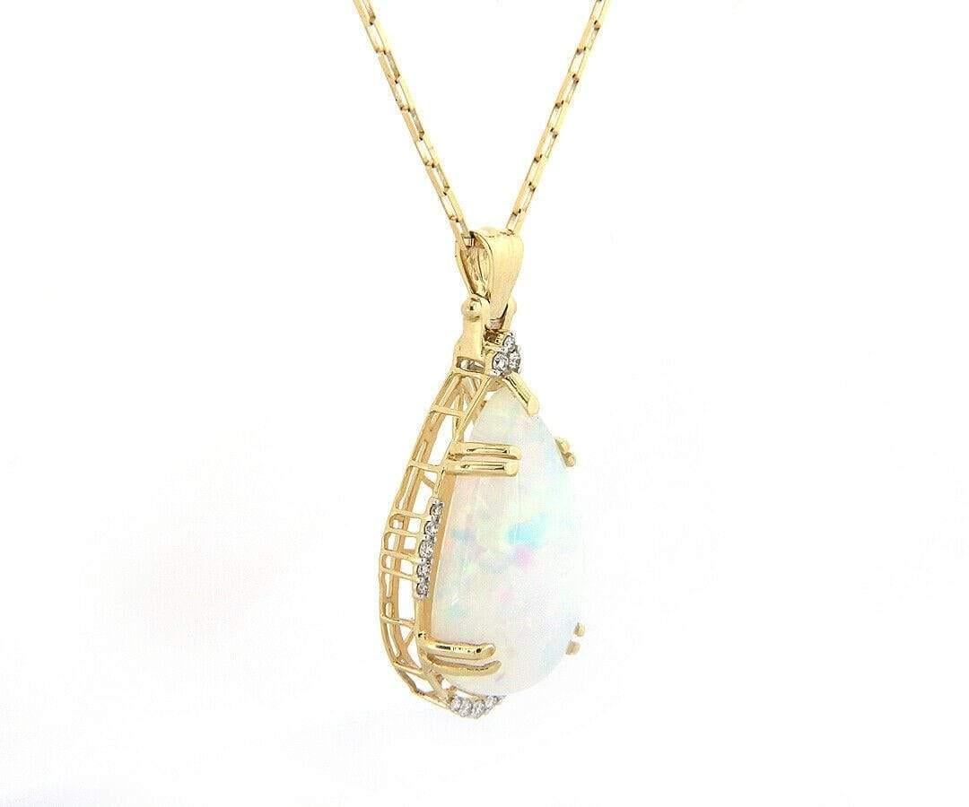 Pear Cut New 28.96ct Ethiopian Opal & 0.38ctw Diamond Pendant Necklace in 14K Yellow Gold For Sale