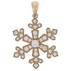 .28 Carat Round Brilliant Diamond Snowflake Pendant, 14k Gold Winter Milgrain