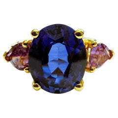 New 2.90 Carat Sapphire & Amethyst 24k Yellow Gold Plated Sterling Silver Ring