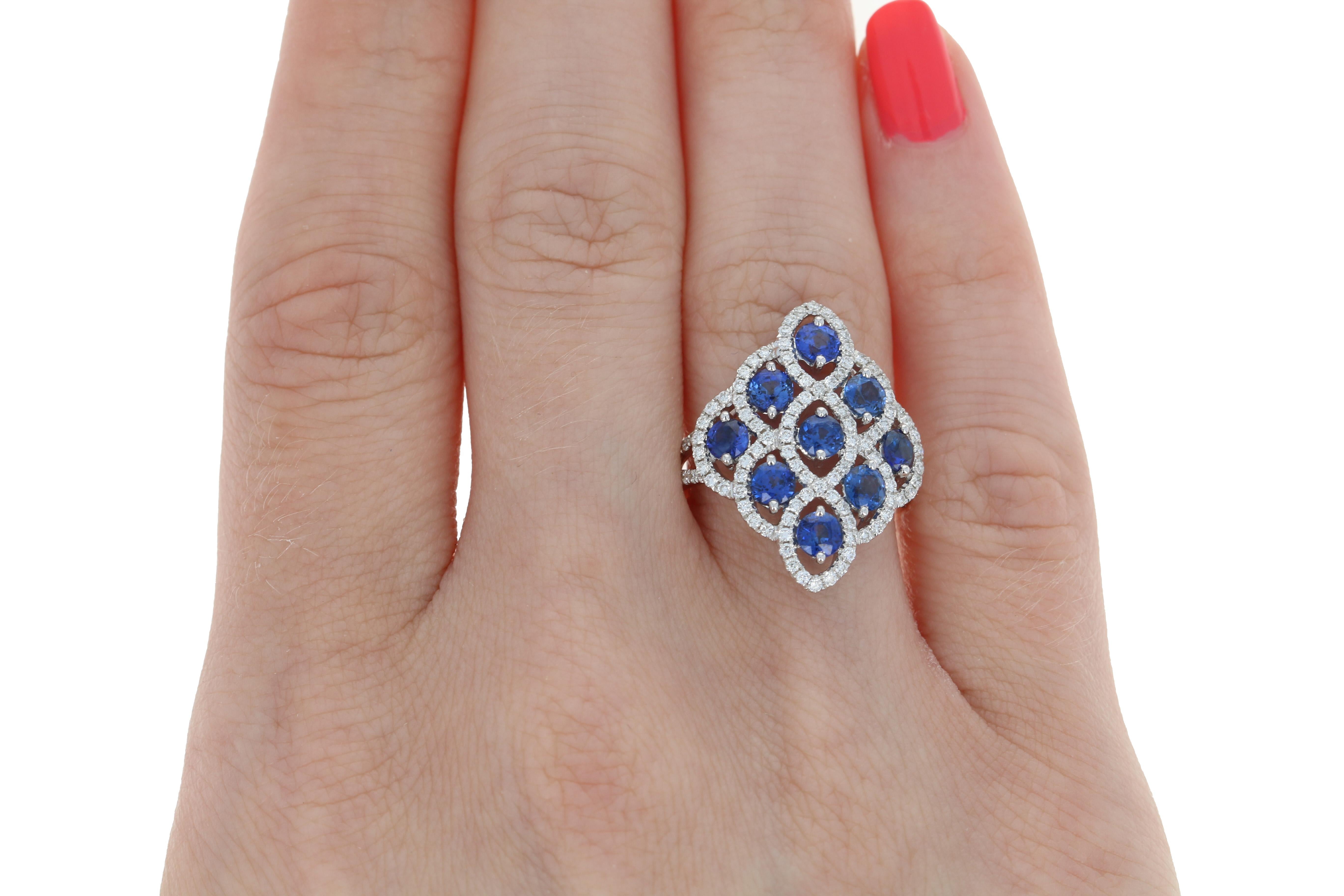 2.95 Carat Round Cut Sapphire and Diamond Ring 14 Karat White Gold Halo-Inspired In New Condition In Greensboro, NC