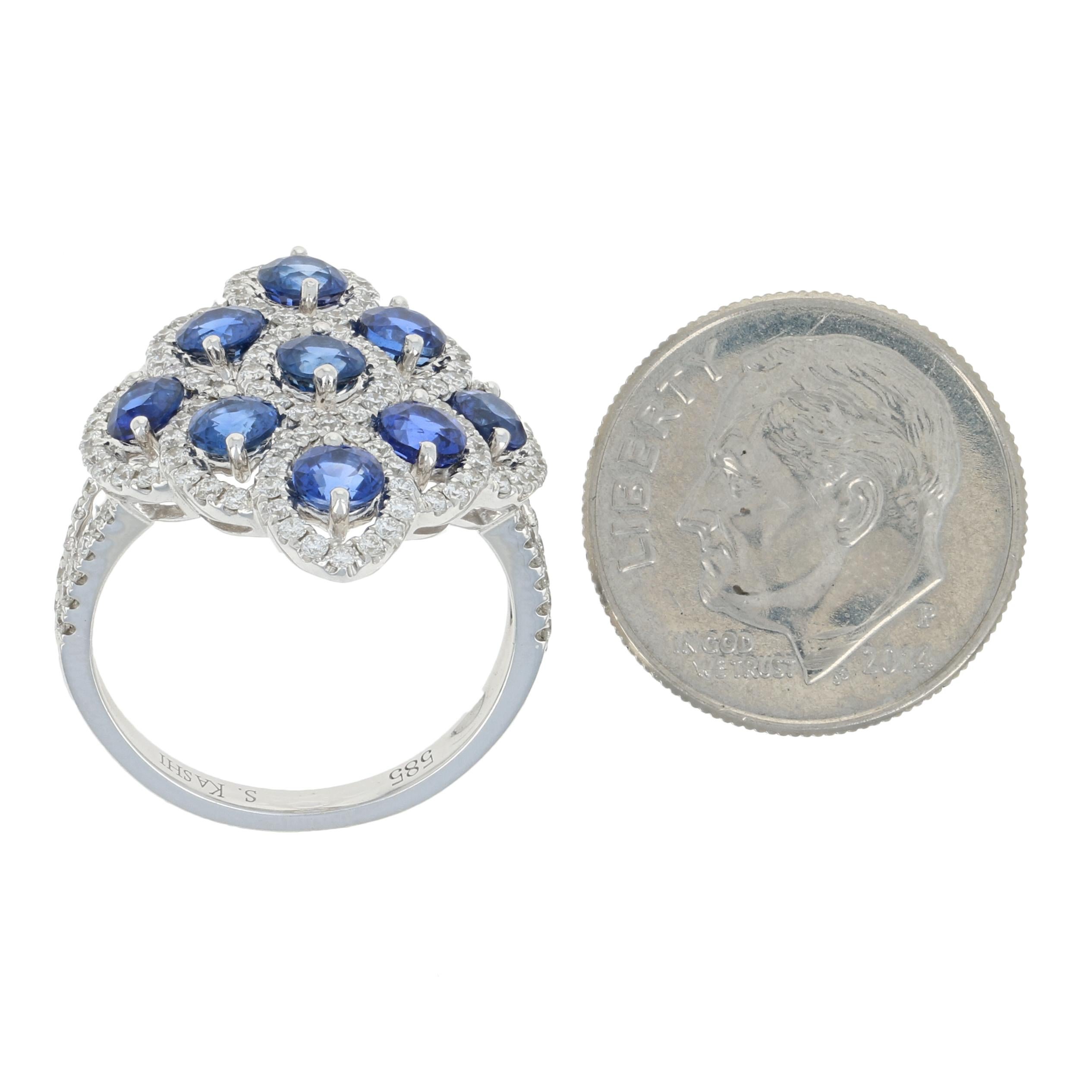 2.95 Carat Round Cut Sapphire and Diamond Ring 14 Karat White Gold Halo-Inspired 1