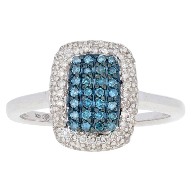 New 3/8ctw Round Brilliant Diamond Halo Ring Sterling Silver Fancy Blue Cluster