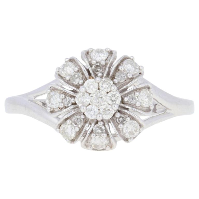 New 3/8ctw Round Brilliant Diamond Ring, Silver Flower Blossom Cluster Halo
