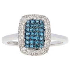 New 3/8ctw Round Brilliant Diamond Ring, Sterling Silver Fancy Blue Halo Cluster