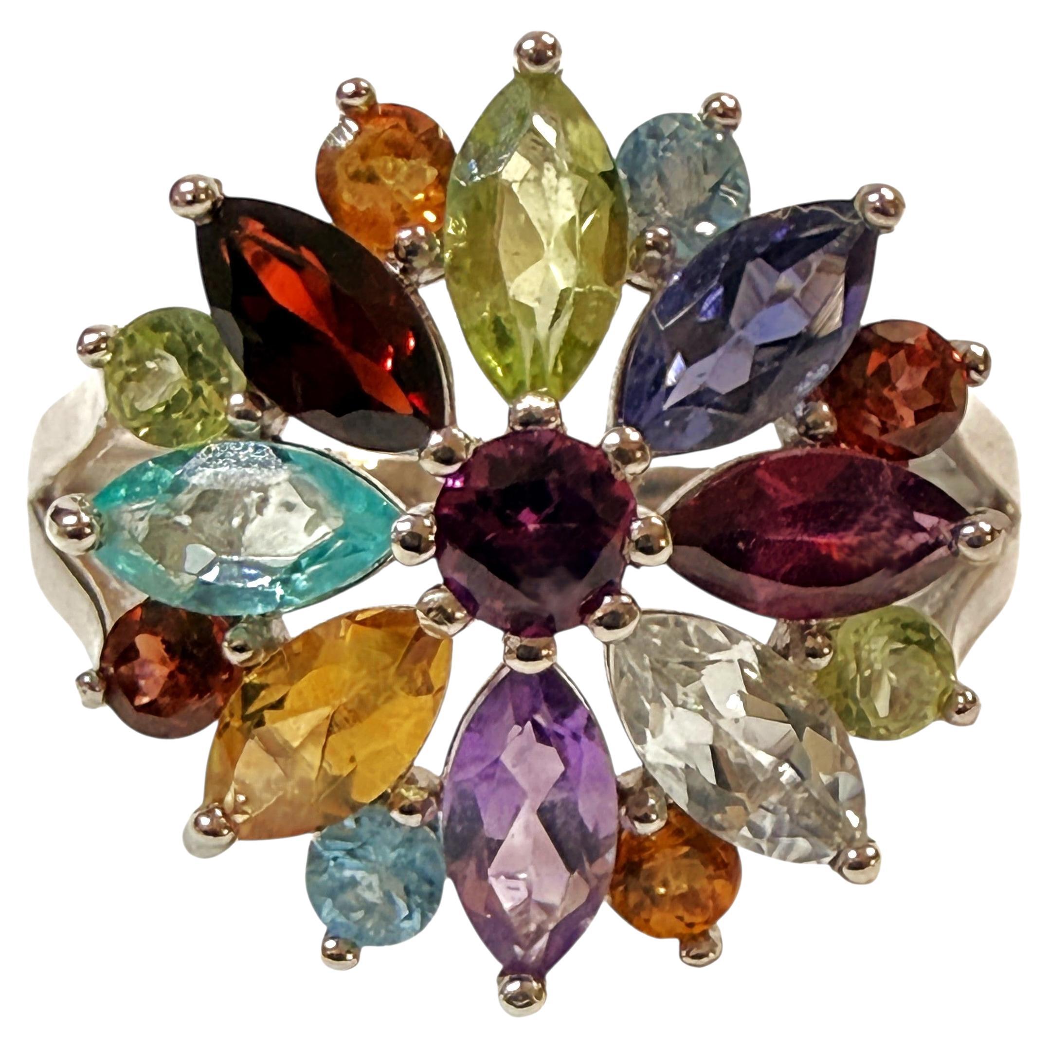 New 3 Carat Marquise Multi-Gemstone Sunburst 14k Gold PL Sterling Ring Size 7.5 For Sale