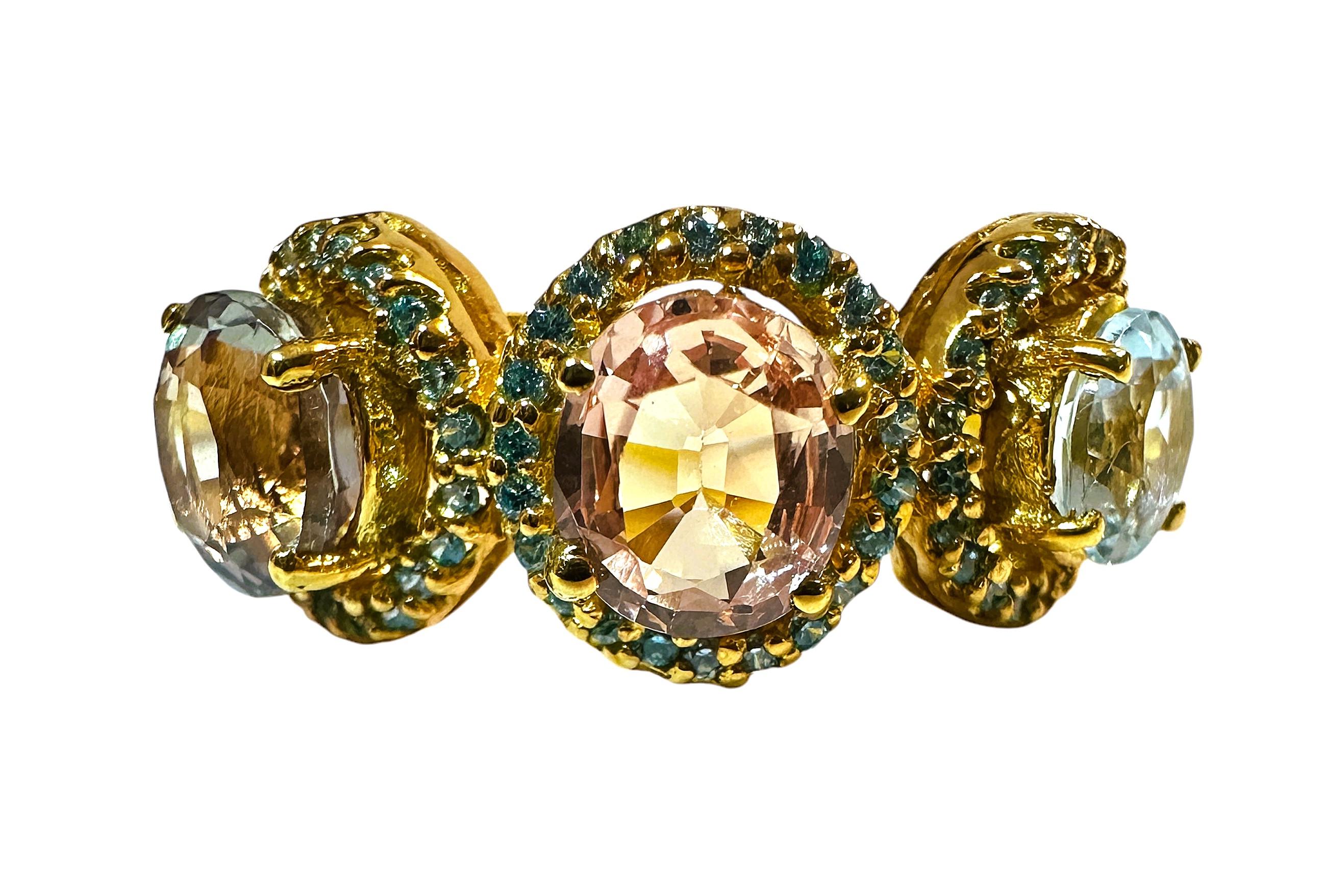 Art déco New 3-Stone 4.1 Ct Pastel Sapphire & Diamond Cut Sapphire YGold Sterling Ring en vente