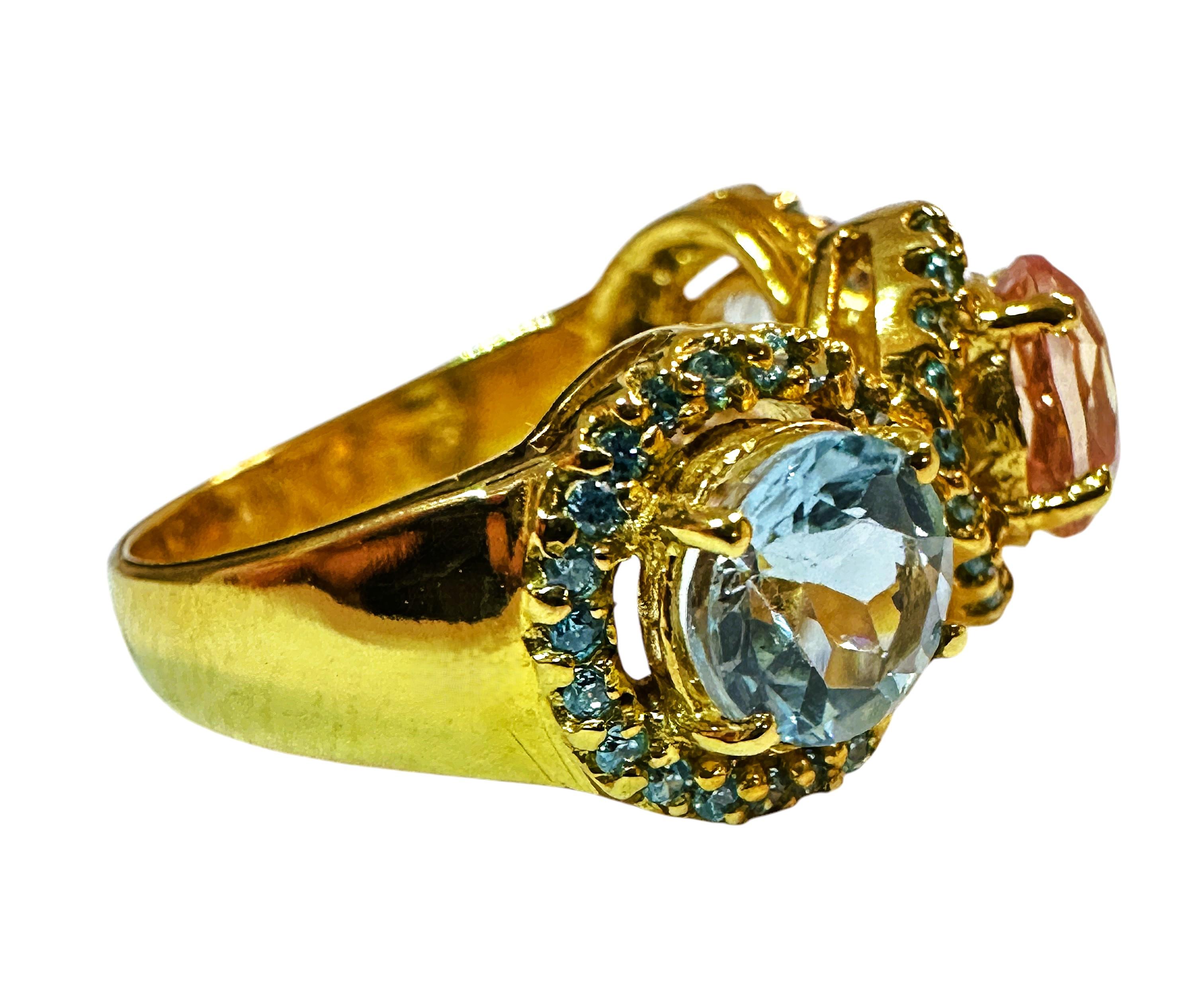 New 3-Stone 4.1 Ct Pastel Sapphire & Diamond Cut Sapphire YGold Sterling Ring Pour femmes en vente