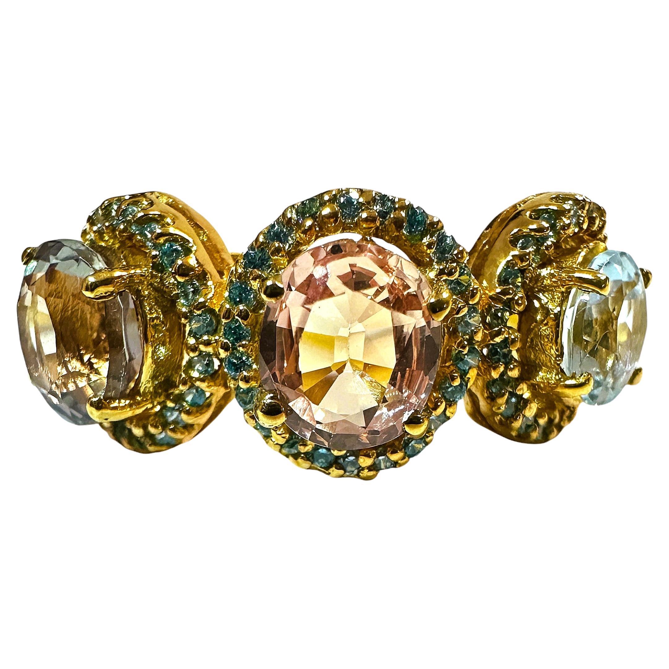 Nuevo Anillo de Oro de Ley de 3 Piedras con Zafiro Pastel y Zafiro talla Diamante de 4,1 qt