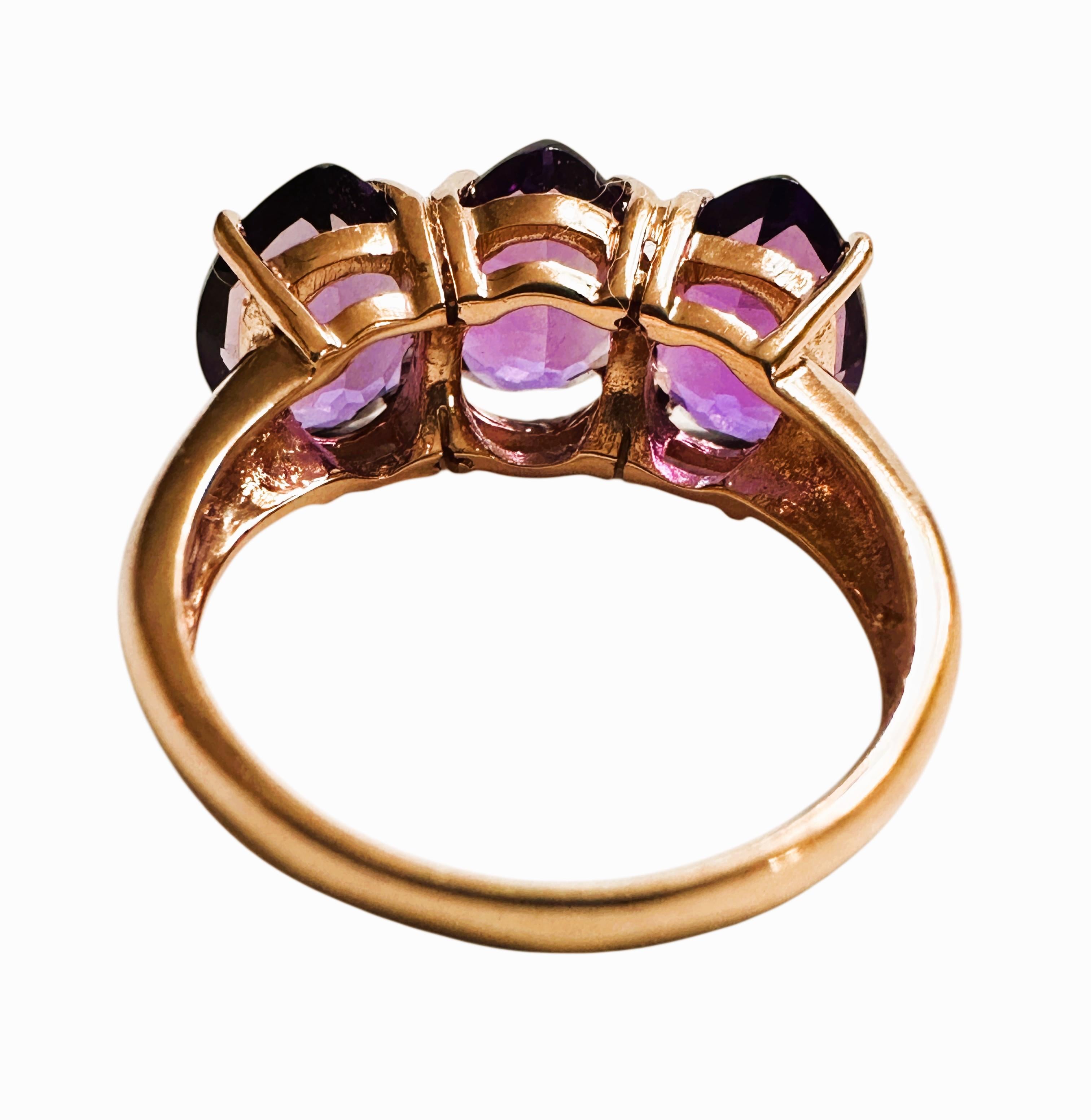 Art Deco New 3-Stone 4.6 Carat Fancy Pear Cut Amethyst Rose Gold PL Sterling Ring For Sale