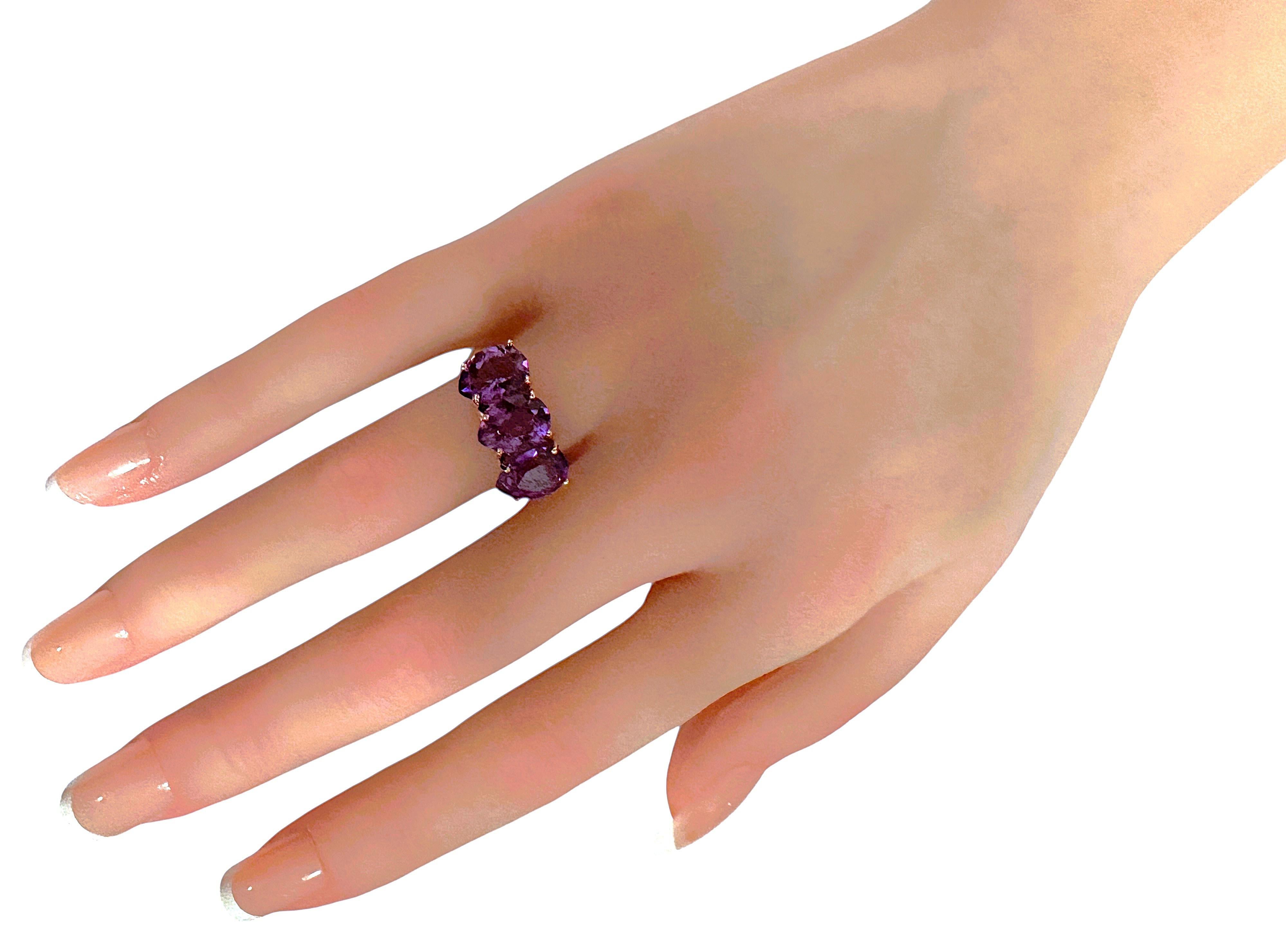 New 3-Stone 4.6 Carat Fancy Pear Cut Amethyst Rose Gold PL Sterling Ring en Nuevo estado para la venta en Eagan, MN