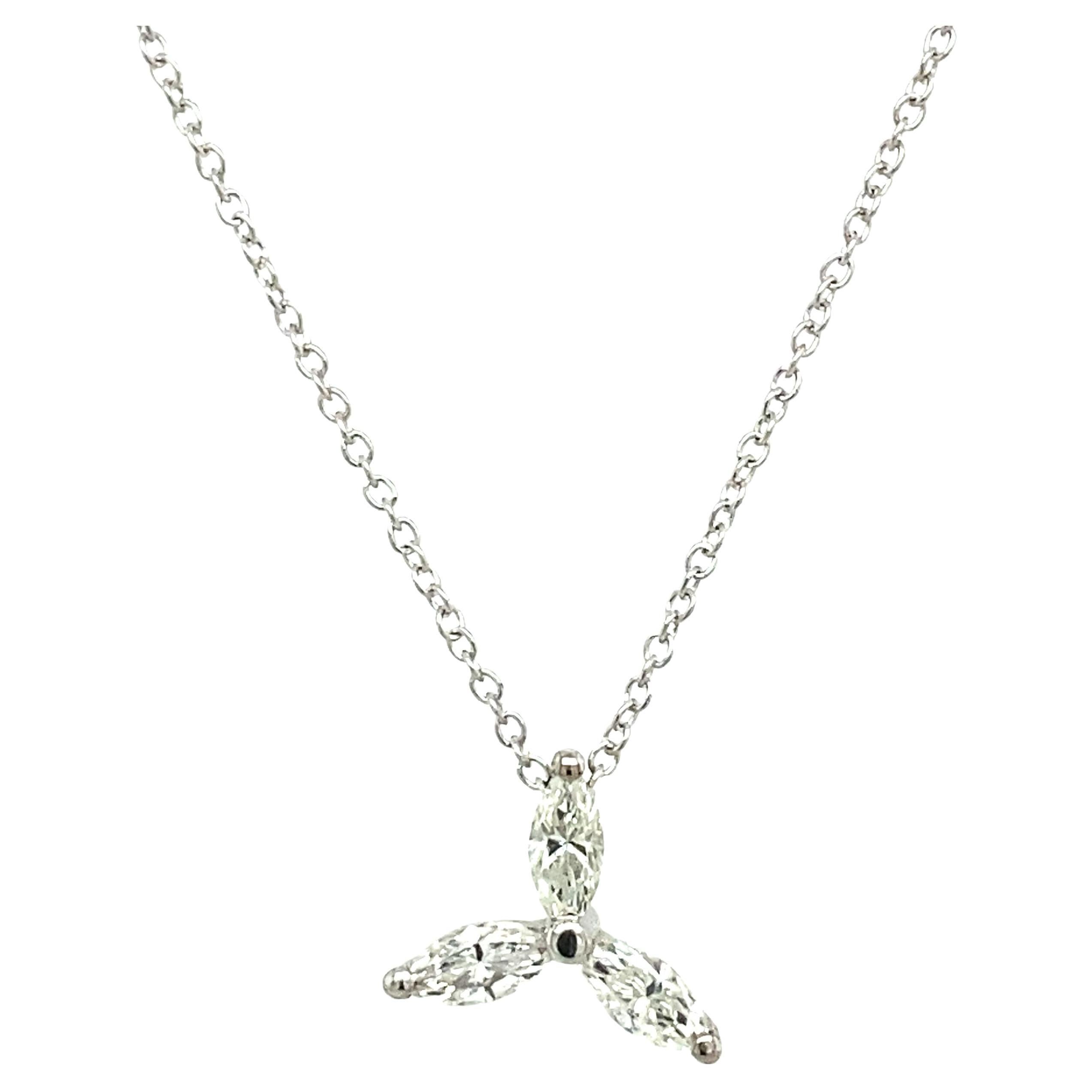 New 3-Stone Marquise Diamond Pendant Set in 18ct White Gold on Chain For Sale