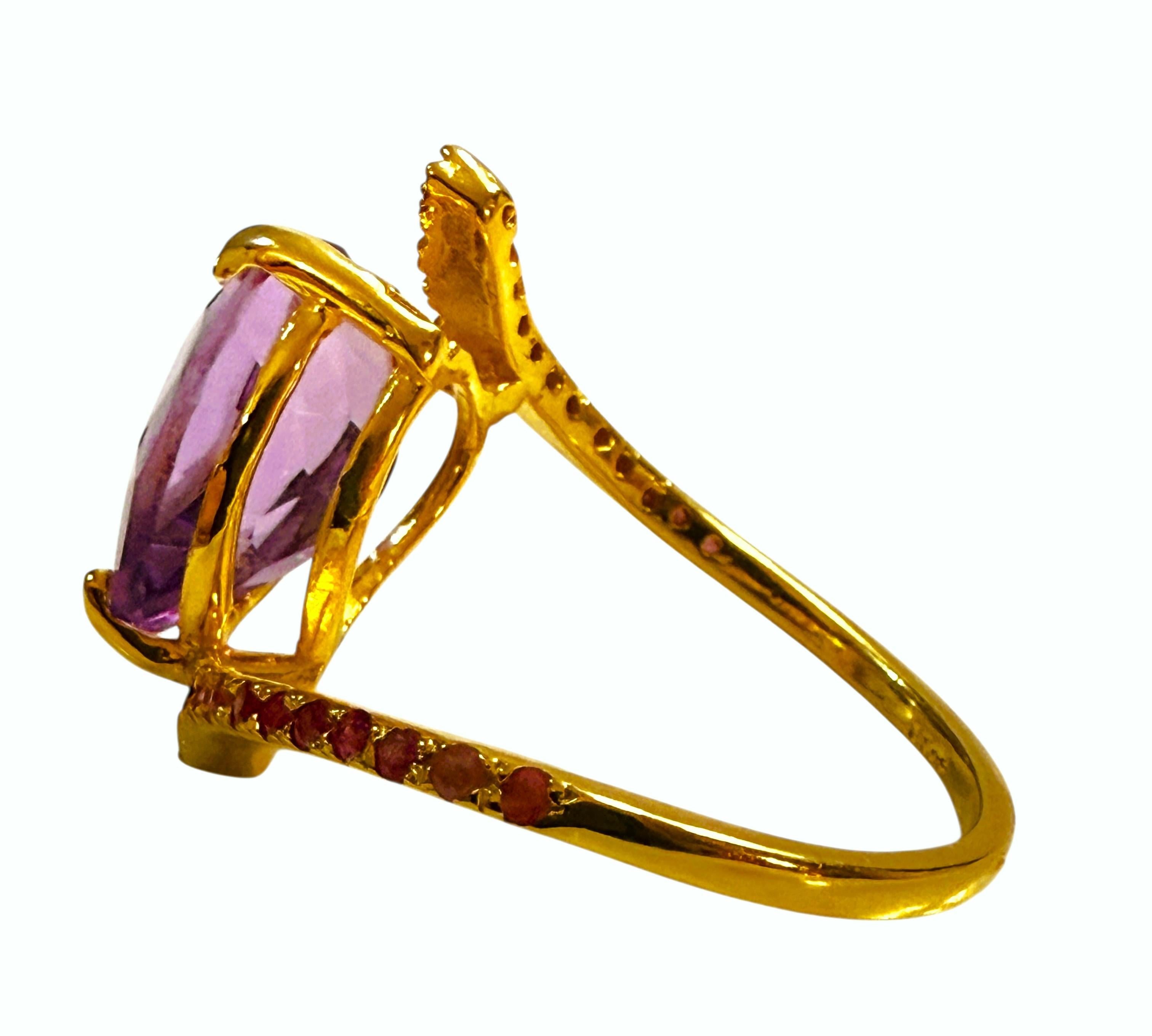 Nueva Amatista de 3,0 quilates y Rubí talla diamante Anillo de oro amarillo de 24k PL Sterling Art Decó en venta