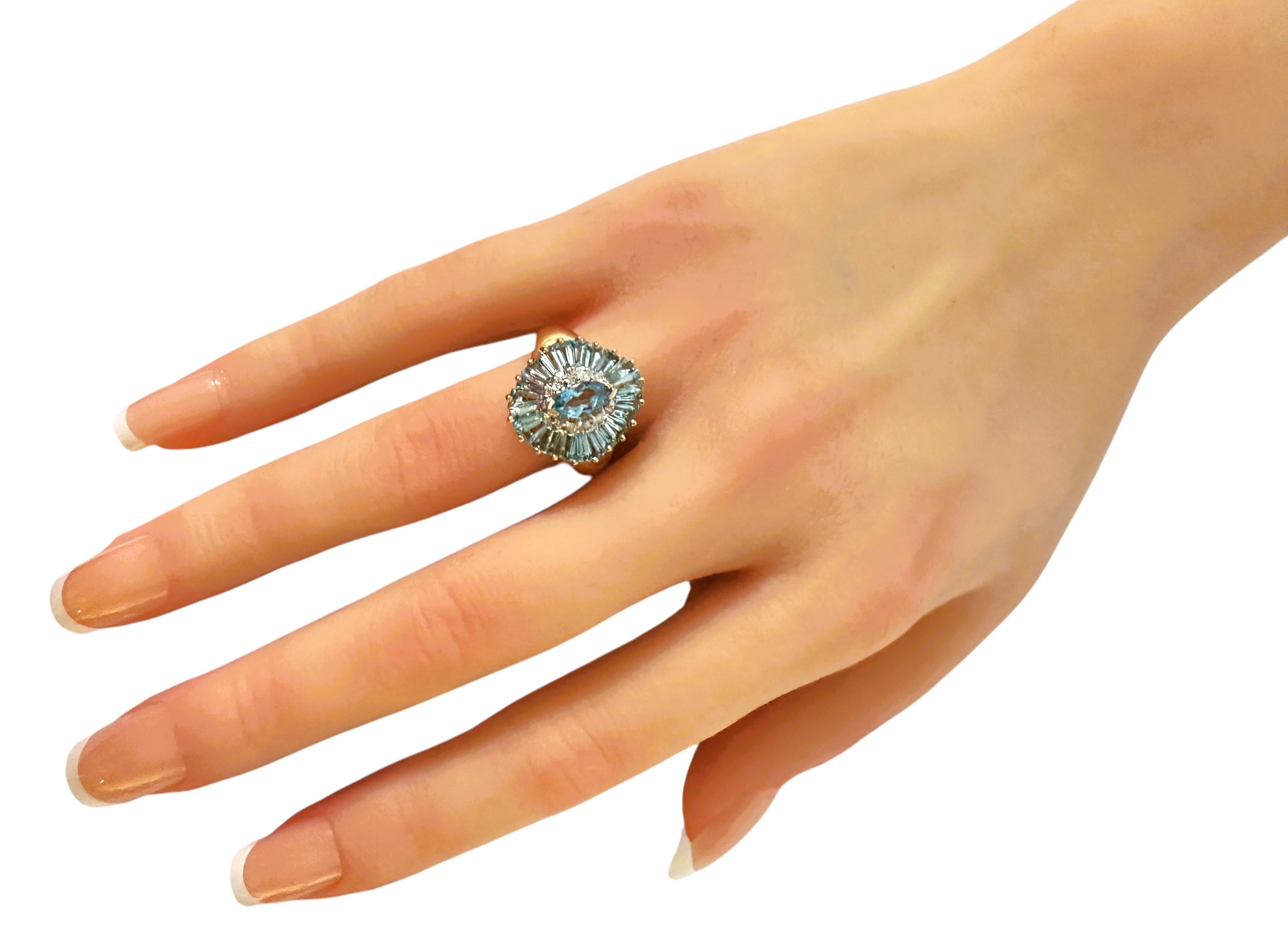 Questo anello è davvero splendido!  Le foto non rendono giustizia.  L'anello ha una pietra di .47 carati di Topazio Blu a forma di marquise che misura 8 x 4.  È circondato da zaffiri bianchi tagliati a diamante e circondati da 2,60 carati di pietre