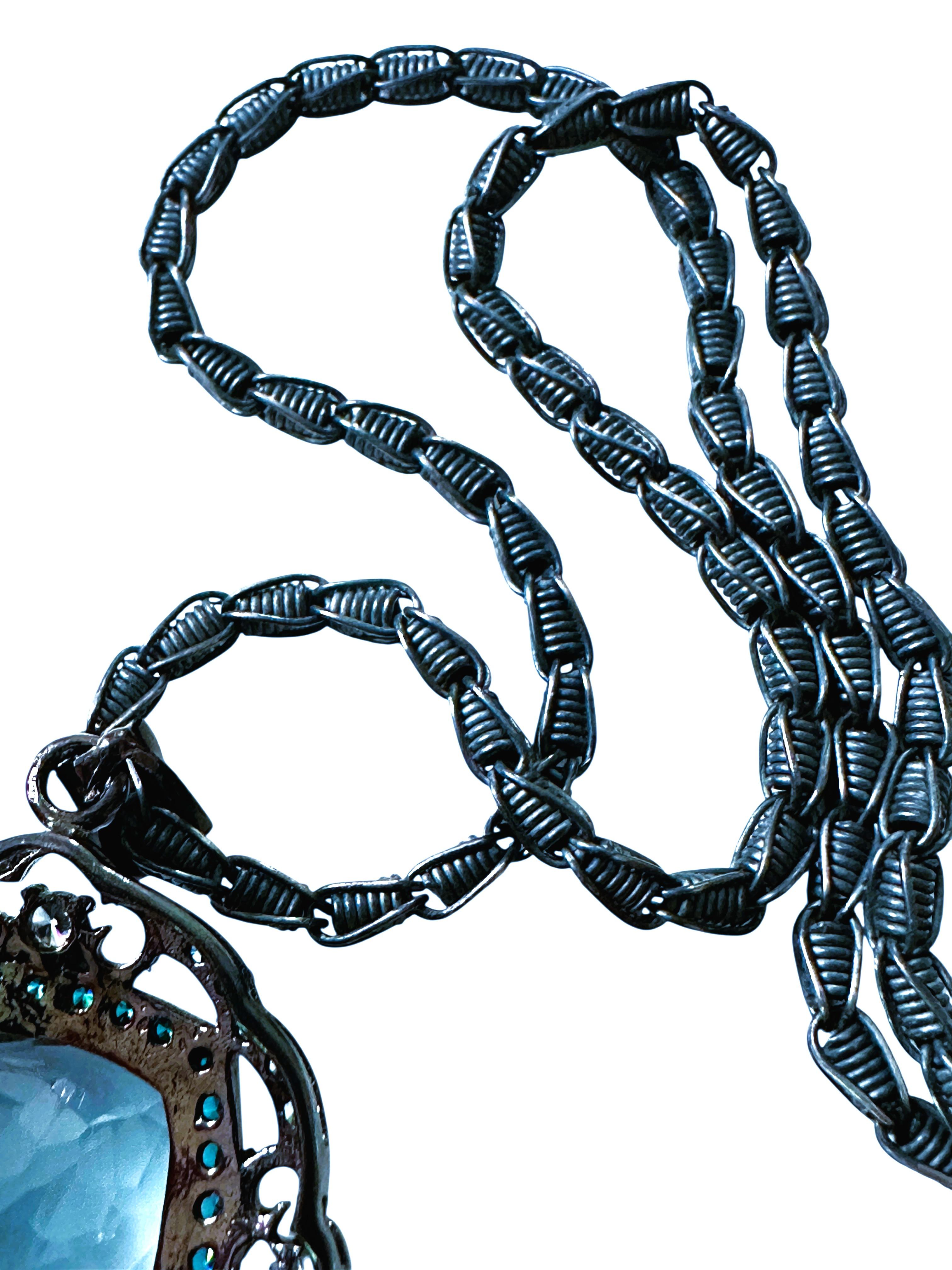 New 31 Carat Aquamarine & Diamond Cut Topaz Oxi Black Sterling Pendant Necklace For Sale 4