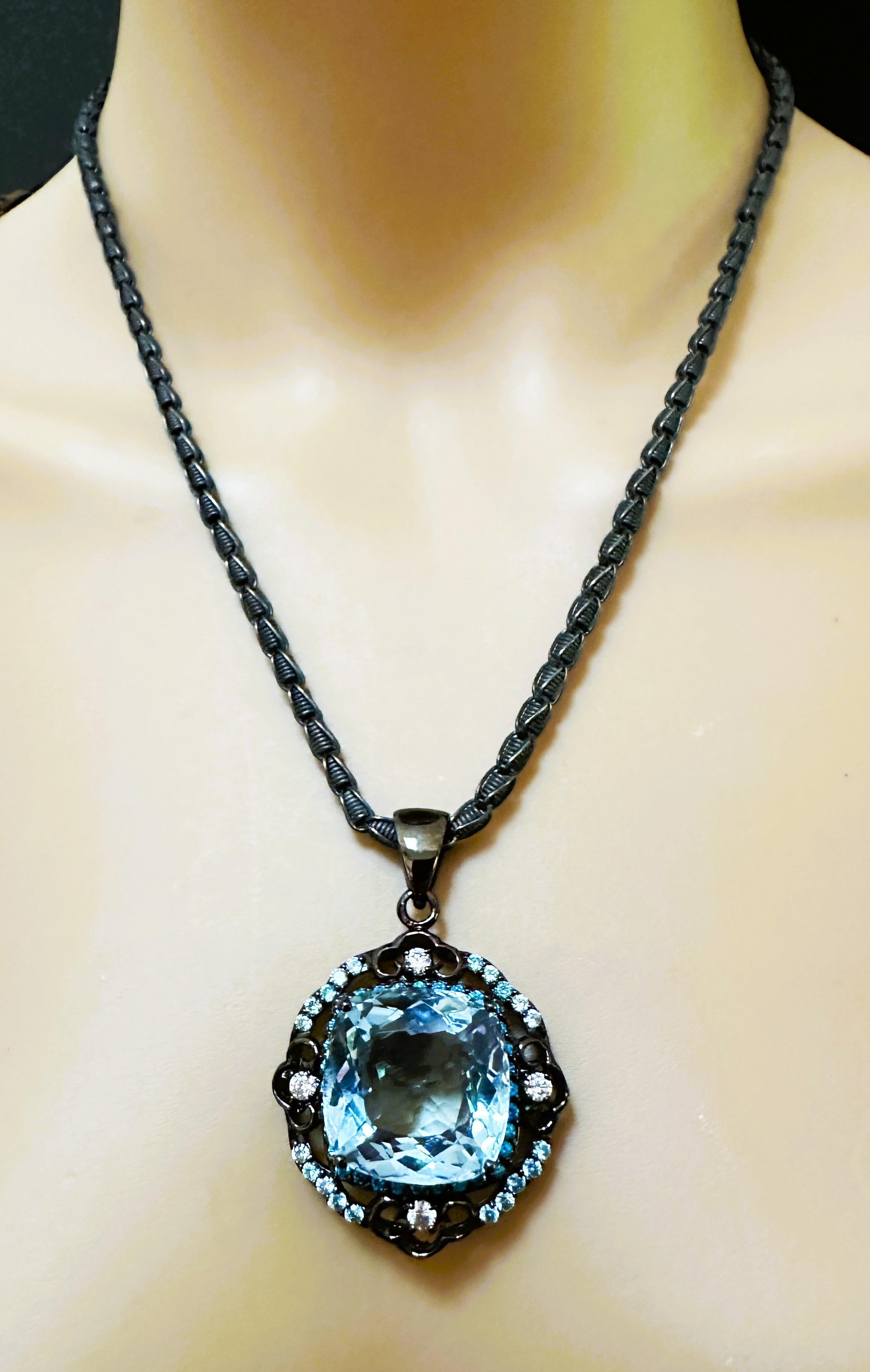Art Deco New 31 Carat Aquamarine & Diamond Cut Topaz Oxi Black Sterling Pendant Necklace For Sale