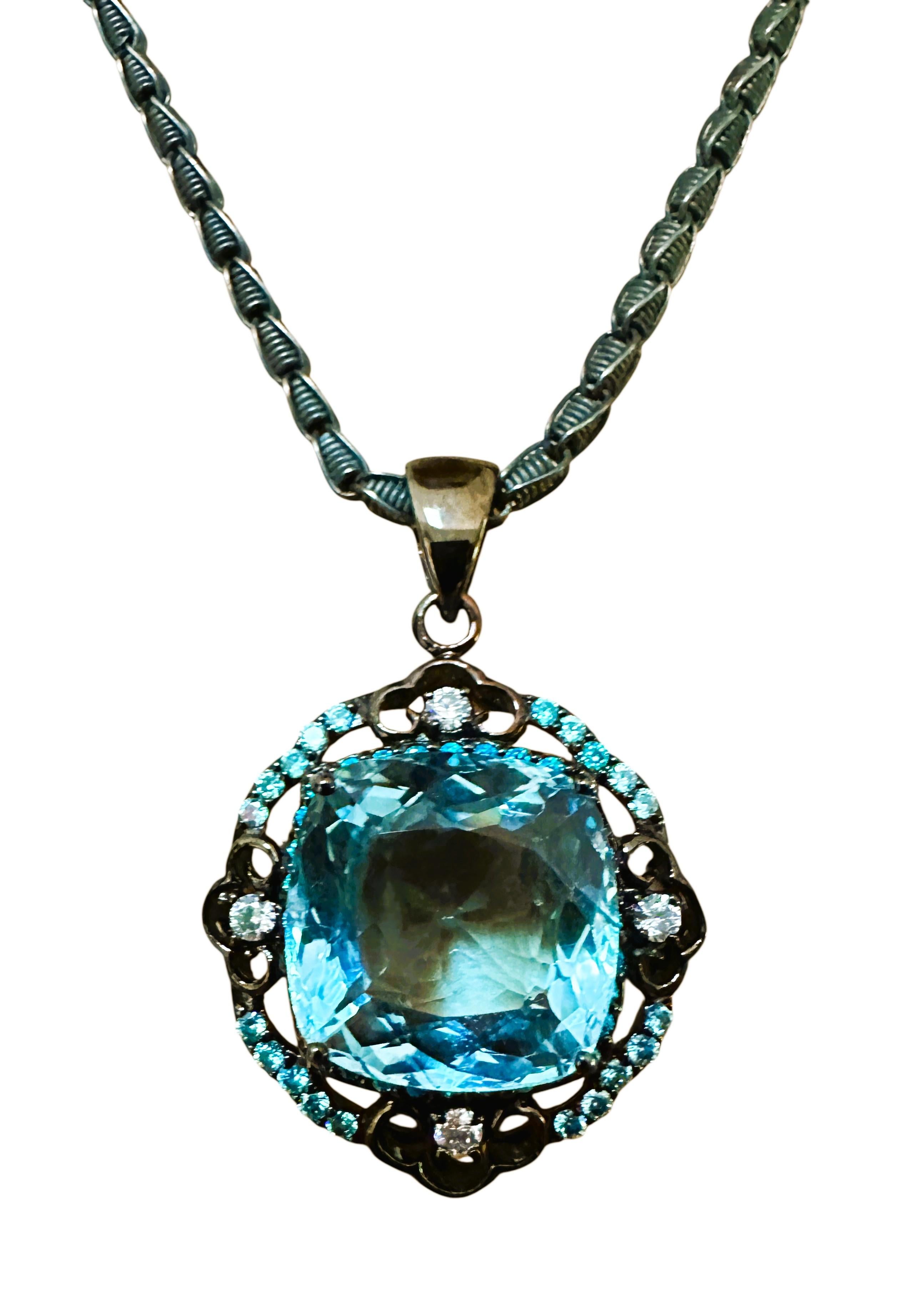 Cushion Cut New 31 Carat Aquamarine & Diamond Cut Topaz Oxi Black Sterling Pendant Necklace For Sale