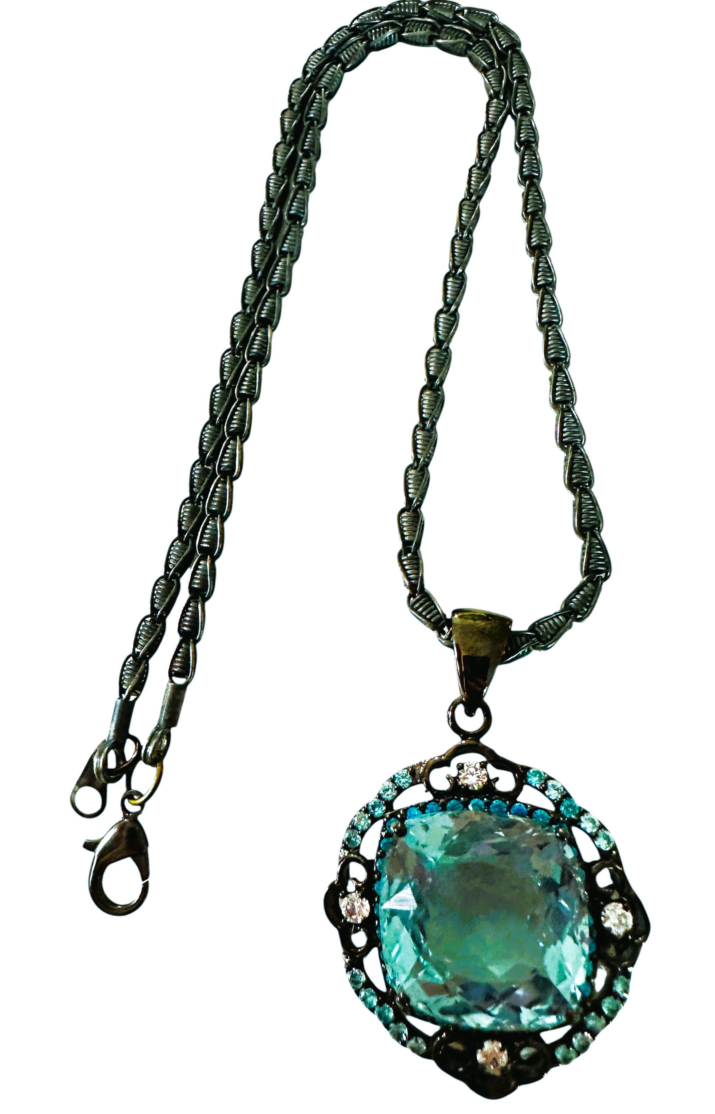 Women's New 31 Carat Aquamarine & Diamond Cut Topaz Oxi Black Sterling Pendant Necklace For Sale
