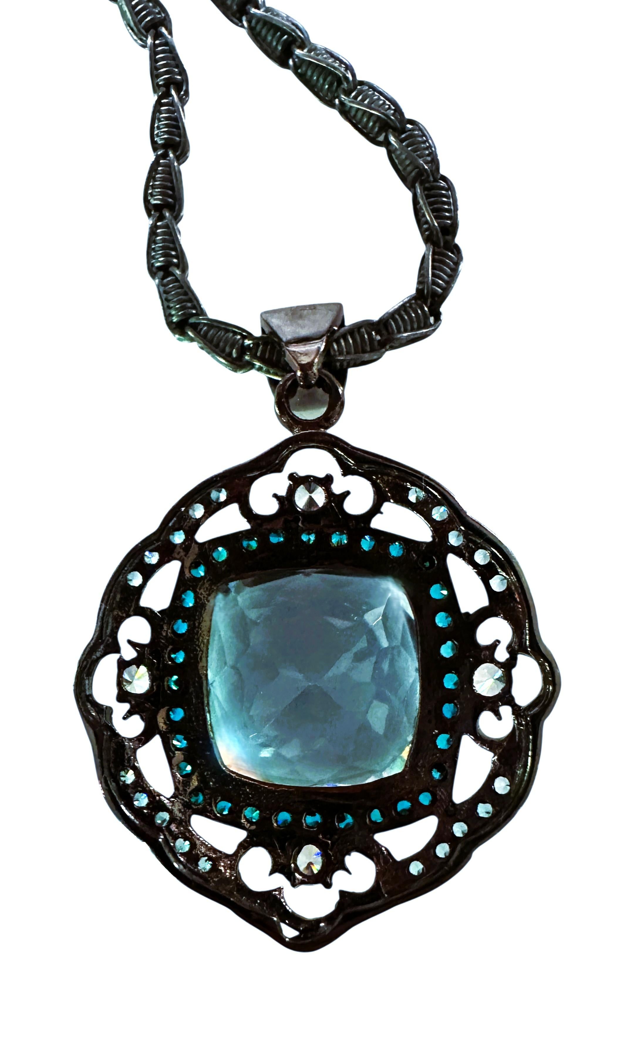 New 31 Carat Aquamarine & Diamond Cut Topaz Oxi Black Sterling Pendant Necklace For Sale 1