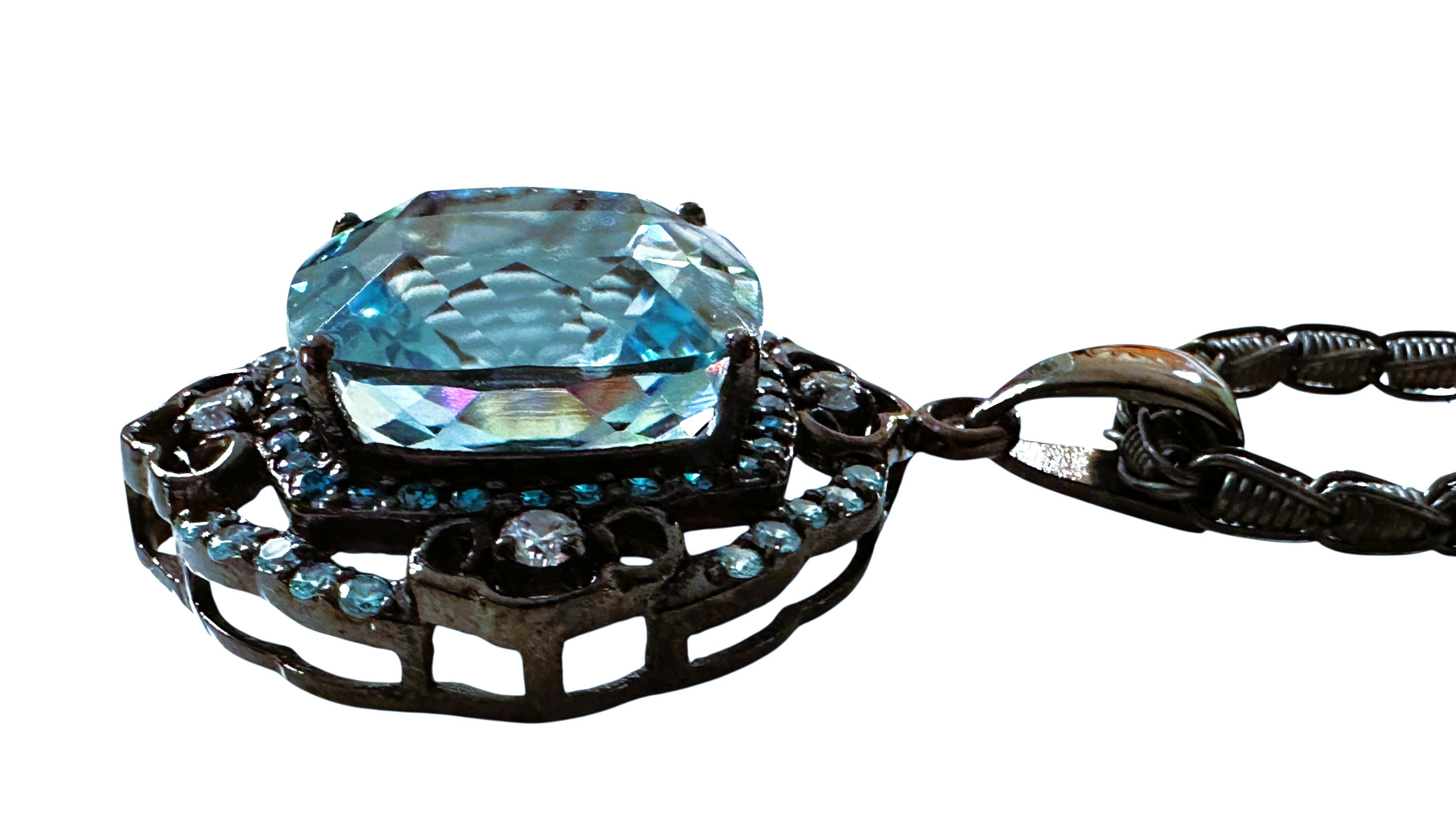 New 31 Carat Aquamarine & Diamond Cut Topaz Oxi Black Sterling Pendant Necklace For Sale 2