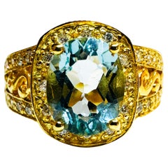 New 3.13 Carat Aquamarine & Diamond Cut Sapphire Y Gold PL Sterling Ring
