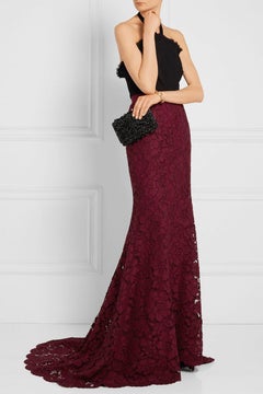 New $3190 Oscar De La Renta Bordeaux Long Floral Lace Fishtail Skirt US 8