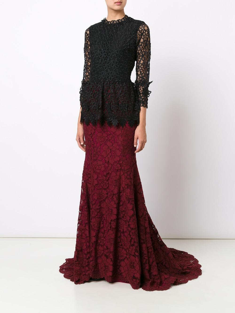 Red New $3190 Oscar De La Renta Bordeaux Long Floral Lace Fishtail Skirt US 8 For Sale