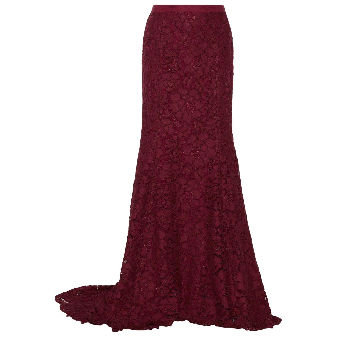 New $3190 Oscar De La Renta Bordeaux Long Floral Lace Fishtail Skirt US 8 For Sale