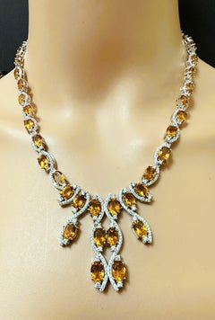 Collar nuevo de oro blanco de 14k con citrino y zafiro de 31,92 quilates, de plata de ley, de 18"