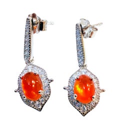 New 3.2 Carat Orange Opal & & Sapphire 14k White Gold PL Sterling Earrings