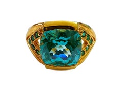 New 3.2 Carat Swiss Blue Topaz & Blue Sapphire Yellow Gold PL Ring Size 7.75