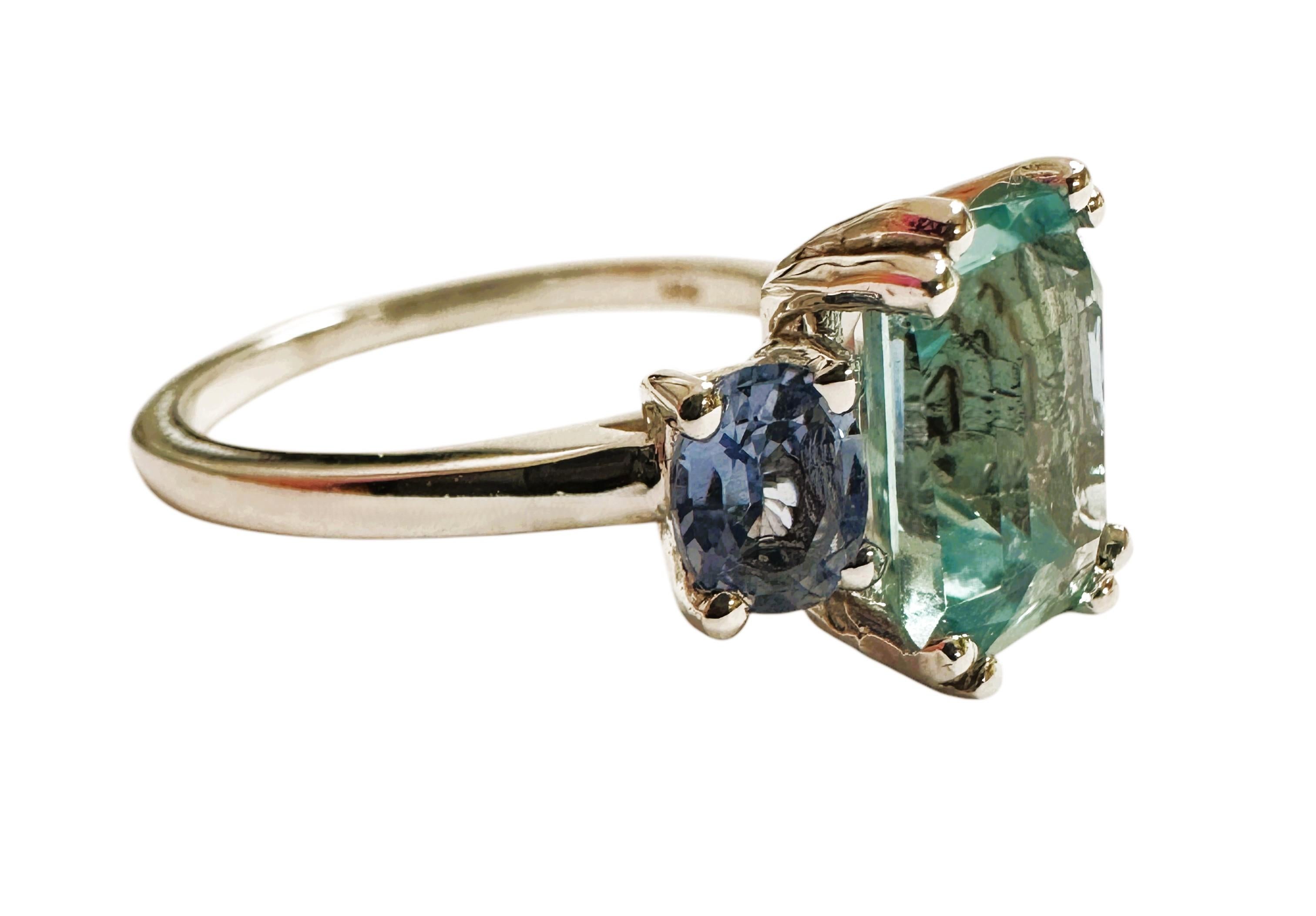 Baguette Cut New 3.20 Carat Sea Blue Aquamarine & Oval Cut Sapphire Sterling Ring