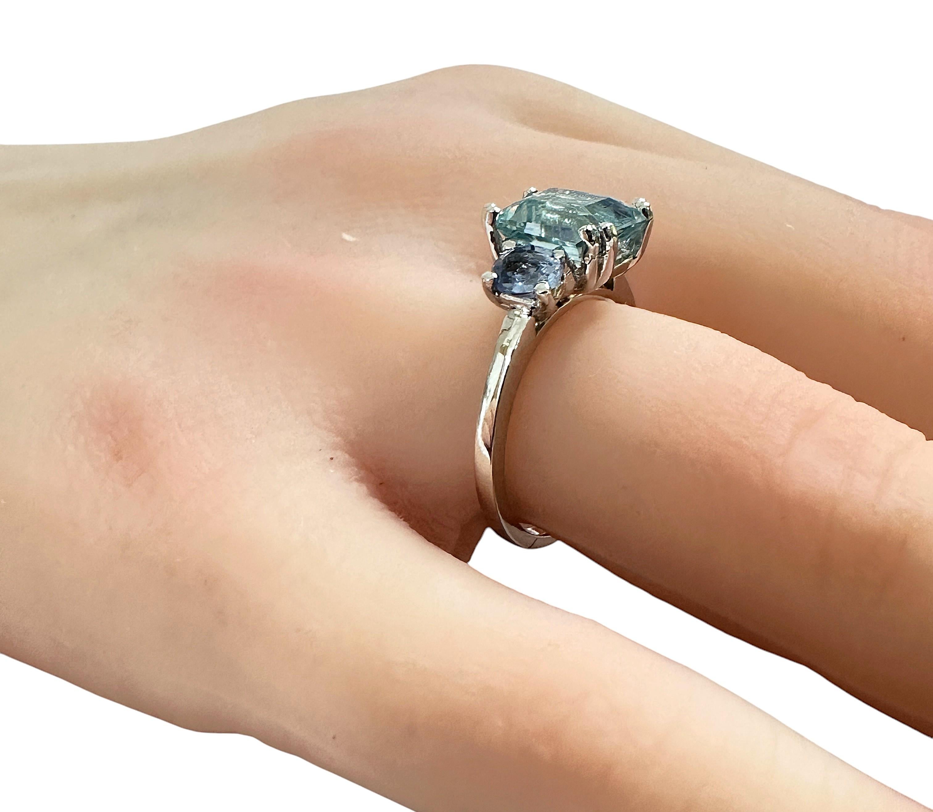 New 3.20 Carat Sea Blue Aquamarine & Oval Cut Sapphire Sterling Ring In New Condition In Eagan, MN